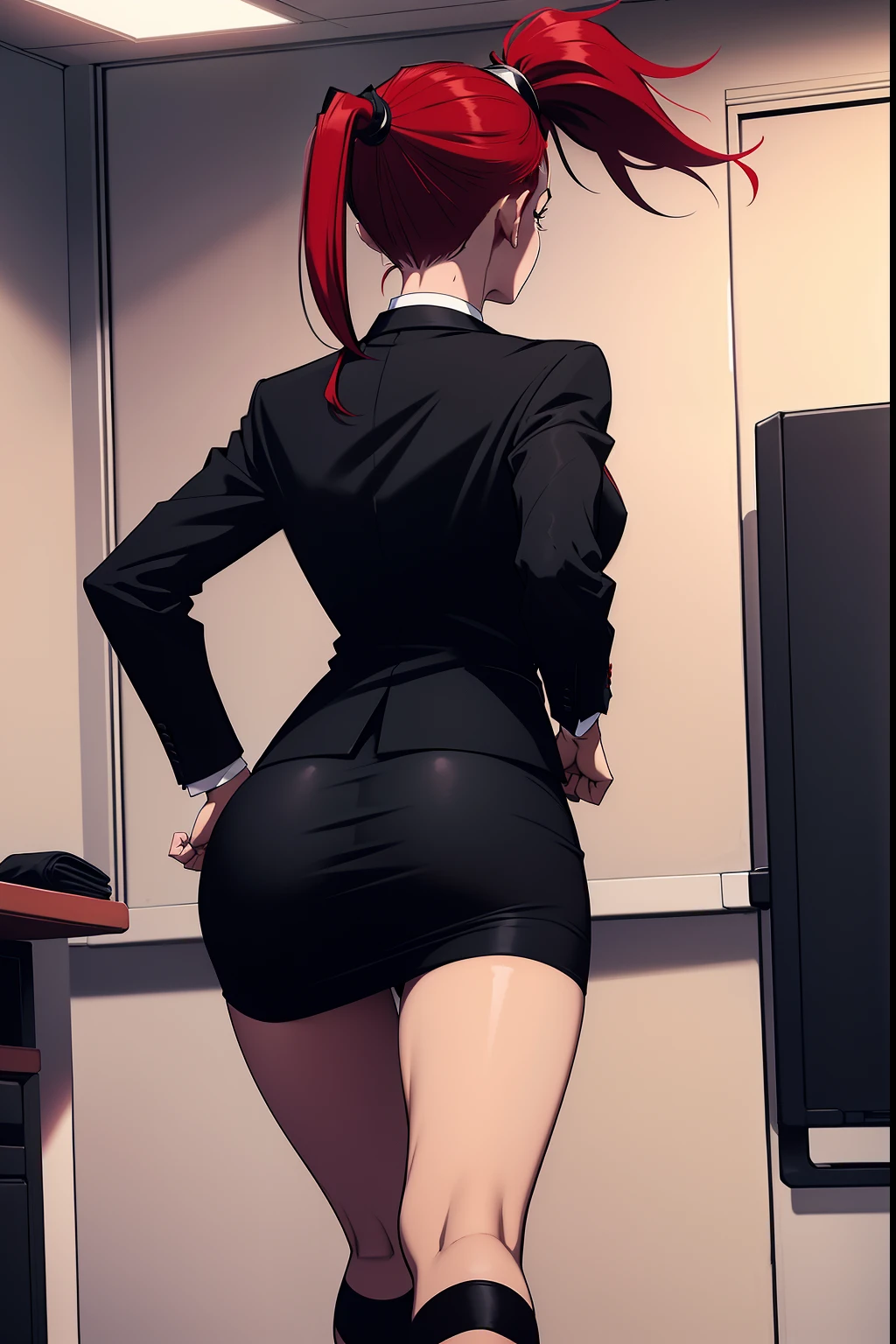 backside view, woman, red ponytail hair, wearing a black office suit, red tie,black office skirt, scared, fear, running, dark, midnight