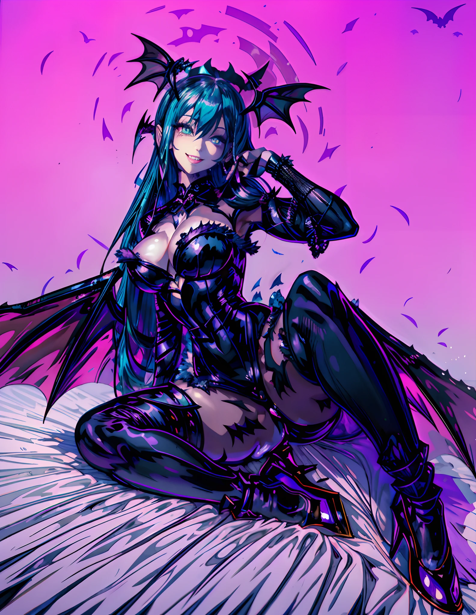 anime girl with bat wings sitting on a bed with a bat, morrigan, morrigan aensland, beautiful succubus, demon anime girl, dragon girl, succubus, anime monster girl, gothic maiden anime girl, villainess has black angel wings, extremely detailed artgerm,  anime girl, anigirl batman, trending on artstation pixiv,Perfect eyes, detailed eyes,Nice eyes,lewd smile,lewd laugh