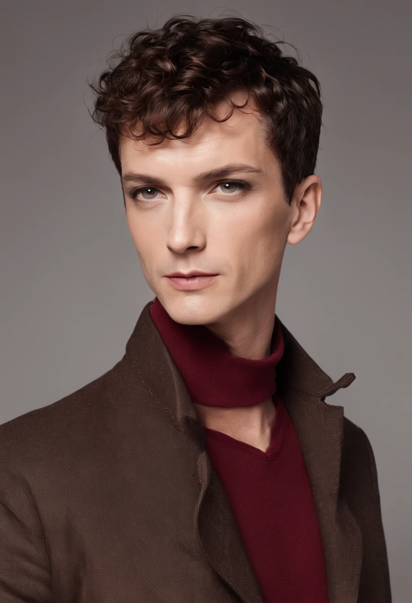A handsom man in red, wearing a jacket, Tall and fit, (40 years old:1.1), (shaven:1.2), (short brown hair and a little curly:1.5),(very short hair:1.6). in the style of patrick demarchelier, sharp edges.