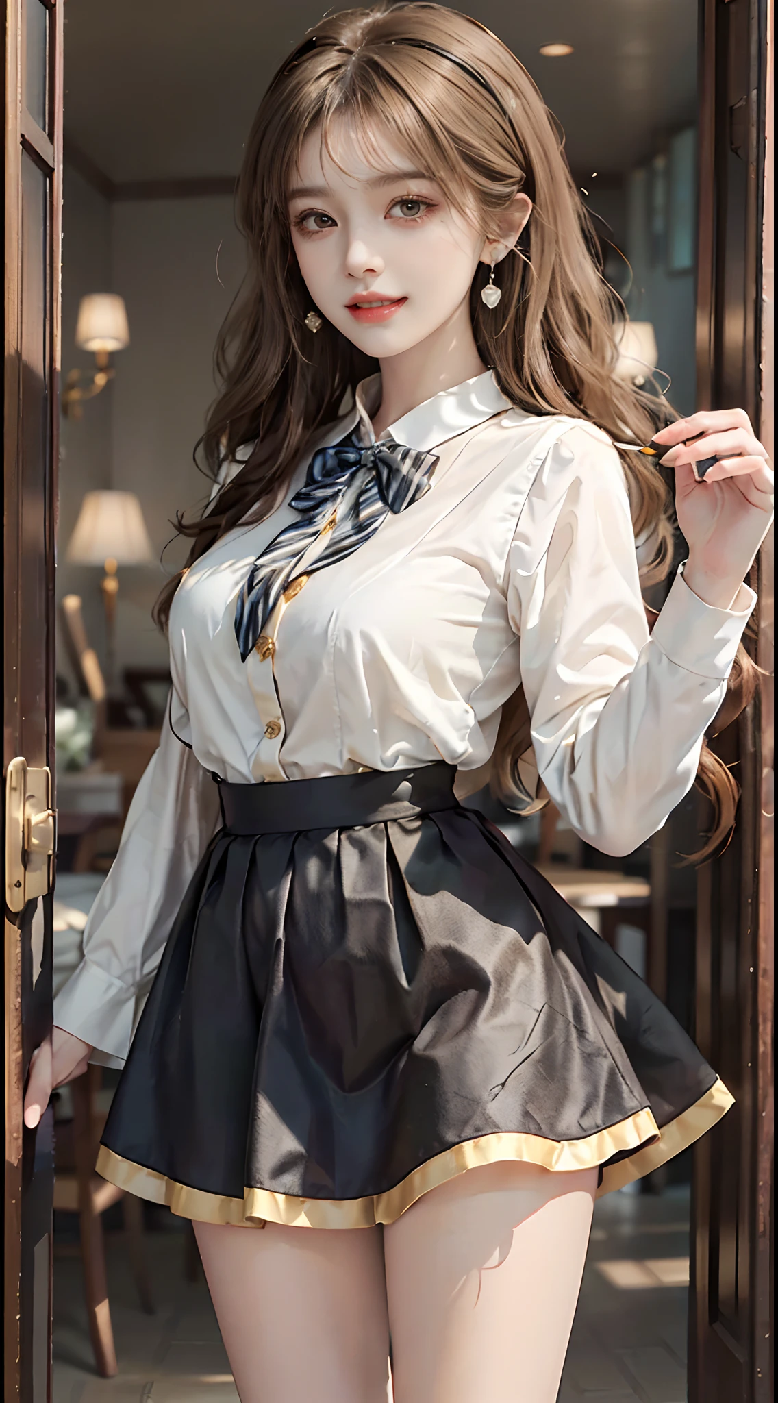 ((full body)), ((from side)), ((realistic)), 1girll, inside in room, Stand up, standing on your feet, Leaning against the wall, Straight legs, slender leg, pretty legs, looking at viewert, Detailed scenes, curlies, Air bangs, Beautiful hair accessories, Brownish-yellow hair, ((White color blouse, Short black tight skirt, neck bowtie, high-heels)), (Campus style), warm lights, a warm color palette, Detailed details, ultra-detailliert, (tmasterpiece, best qualtiy), (An extremely delicate and beautiful work), Delicate earrings, Delicate necklace, Simple blurred background, Extreme detail description, Ultra-fine painting, Delicate face, slim toned body, (ssmile, Baring teeth), (anatomy correct)