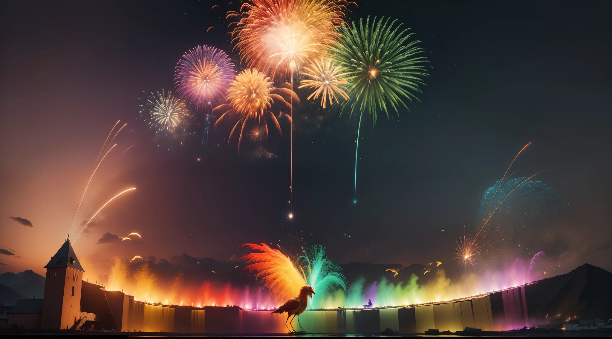 (Oiseau divin),(Fire Phoenix)((oiseaux de couleur rouge et or) The phoenix flaps its wings, Wings spread. paysage : Launch of multi-colored fireworks (bleu, vert, jaune, orange, rose, violet...), hundred colorful fireworks (Brilliant golden light). (beste-Qualit, 8k, high resolucion, master piece:1.2)