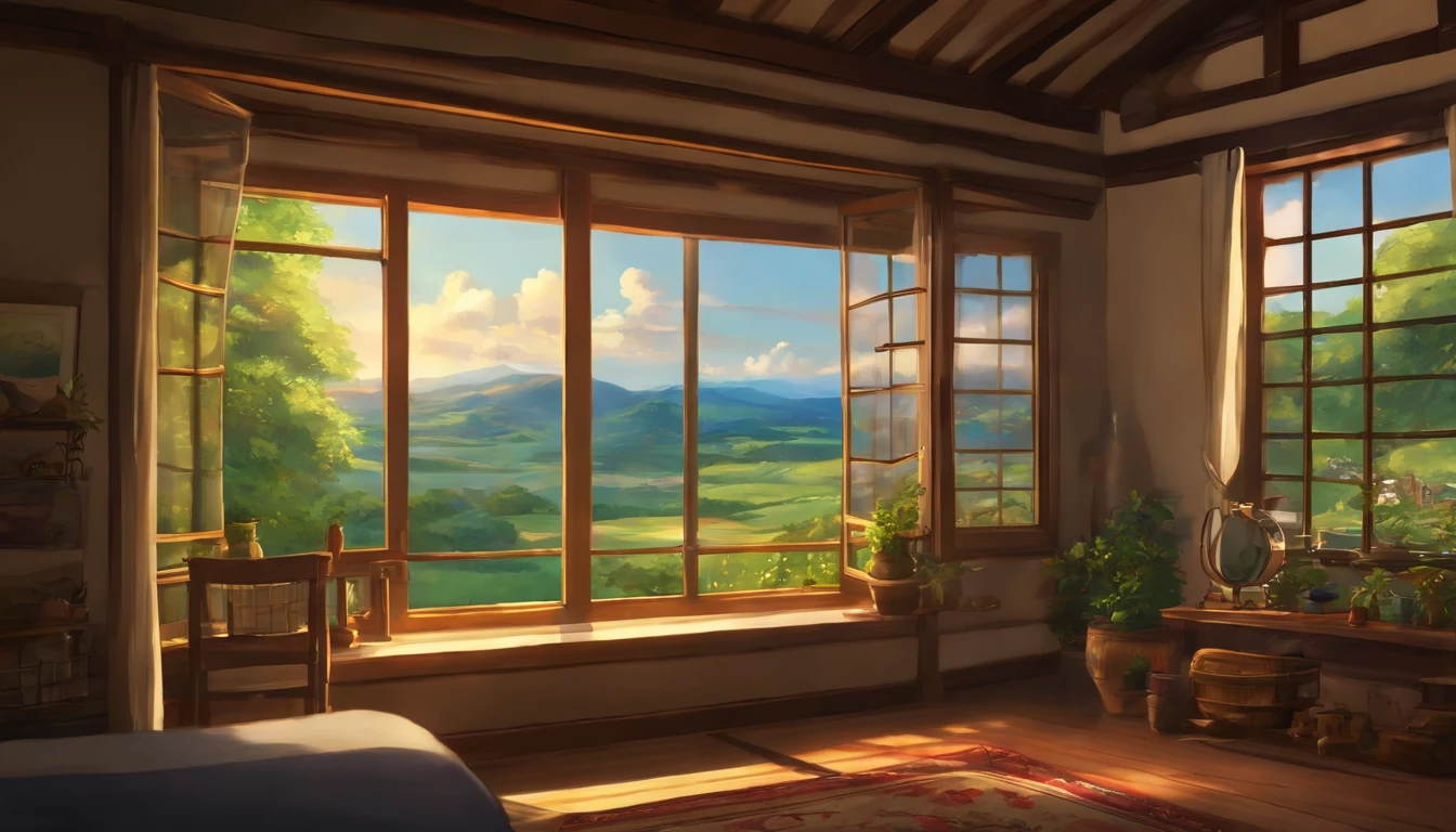 animesque、Background art、Beautiful Landscapes、Deities々Shikai、Natural objects、Studio Ghibli style、You can feel the feel of the brush、countryside view, window side,