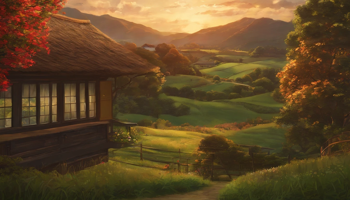 animesque、Background art、Beautiful Landscapes、Deities々Shikai、Natural objects、Studio Ghibli style、You can feel the feel of the brush、countryside view, window side,