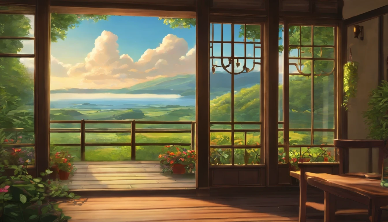 animesque、Background art、Beautiful Landscapes、Deities々Shikai、Natural objects、Studio Ghibli style、You can feel the feel of the brush、countryside view, window side,