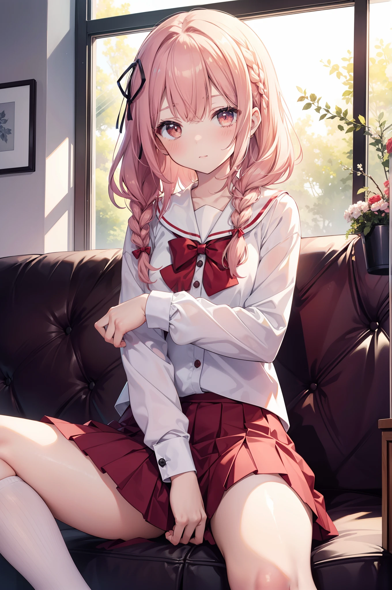 beautiful illustration、masutepiece, Best Quality, Highly detailed, 1girl in, The Perfect Five Fingers,Solo,inside in room,sitting in the couch, Sumi, Looking at Viewer, Single braid, Side braid, Hair Bow, white bow, White shirt, Long sleeves, Sailor collar, Red Ribbon, Red skirt, Pleated skirt, embarrassed, blush, From below, Panties, Lift skirt, Spread legs