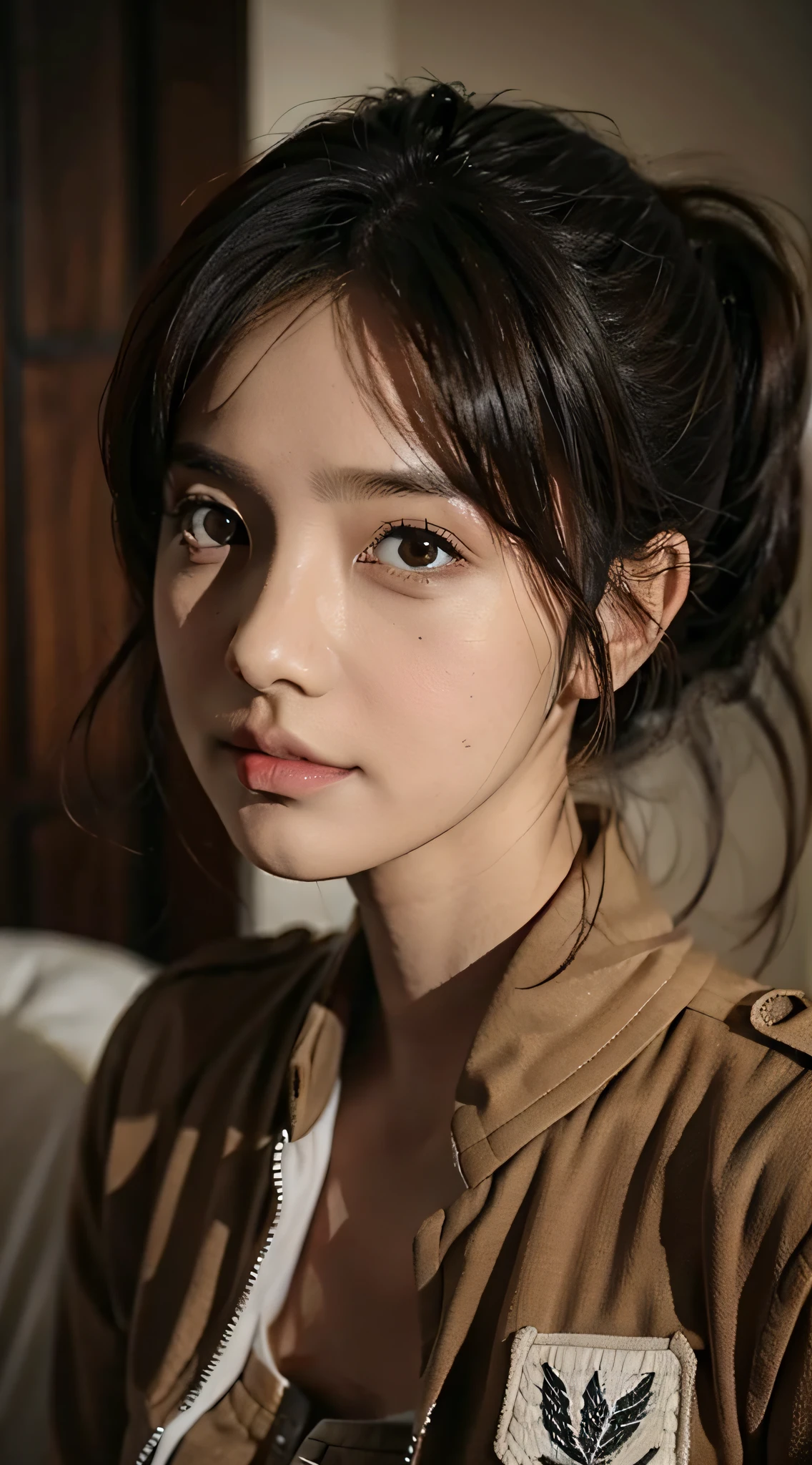 shasa dari anime attack on titan, rambut panjang, rambut coklat, rambut ekor kuda, wanita cantik, cantik, tubuh sempurna, sempurna, baju putih, jaket coklat, celana cream, melihat penonton, senyuman kecil, realisme, mahakarya, kulit bertekstur, super detail, detail tinggi, kualitas tinggi, kualitas terbaik, 1080p, 16k