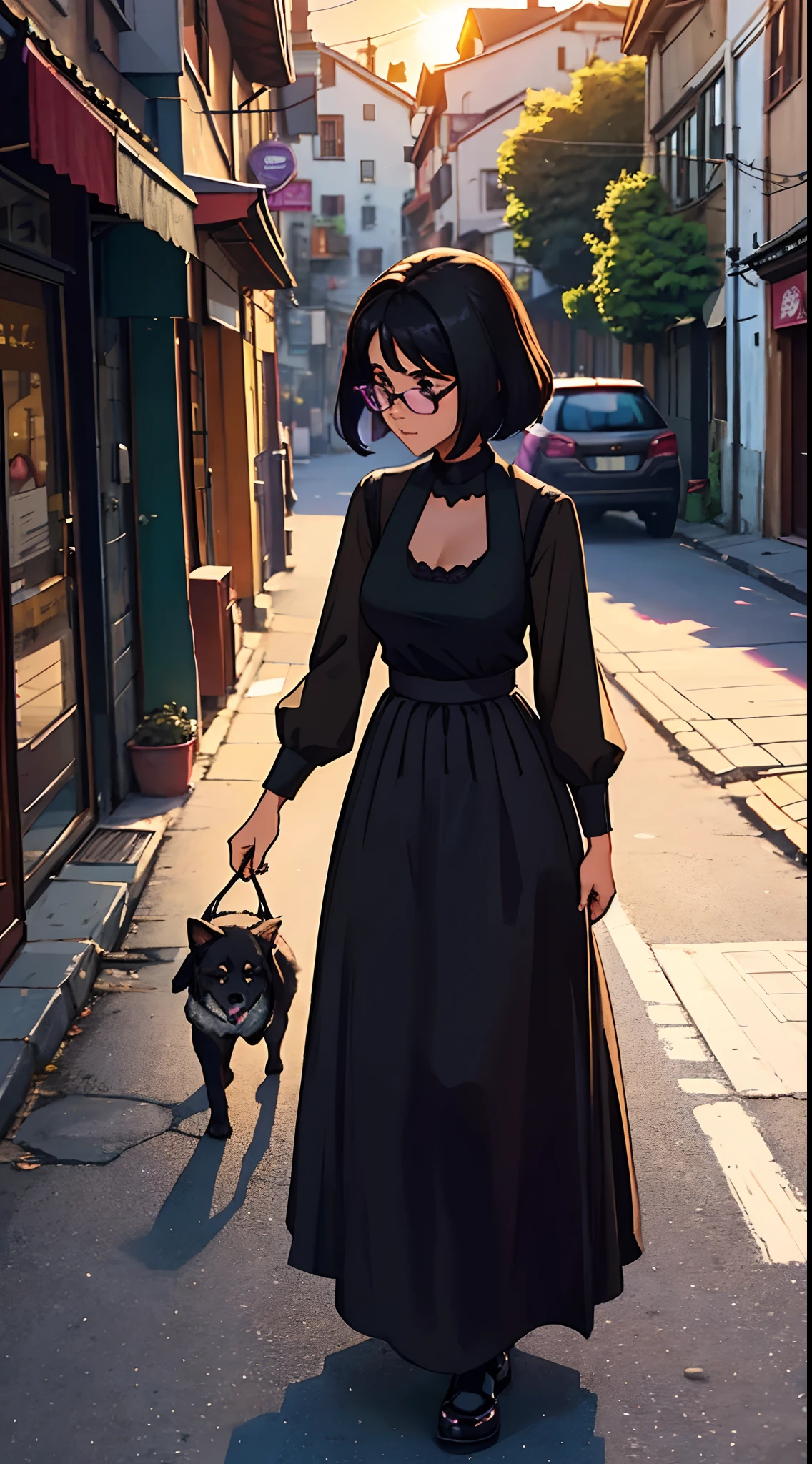 1 girl, brown skin, lean body, medium breasts, black hair, purple highlightts in hair, round glasses, black dress, full sleave, net sleave, black skirt, long skirt, petting dog in the street, early morning, hilly region, sunshine, squating