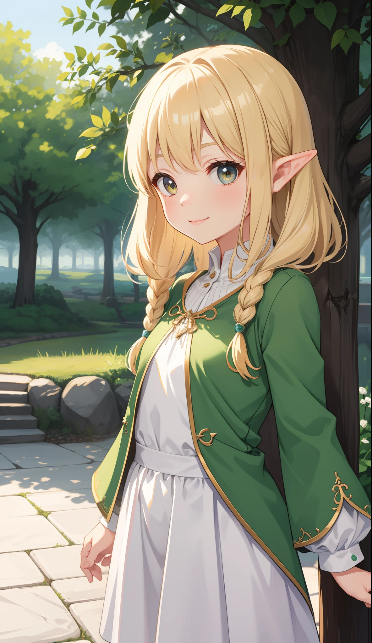 1girl in、AS-Adult、A smile、elvish、Forester、(small tits)Upper body portrait、