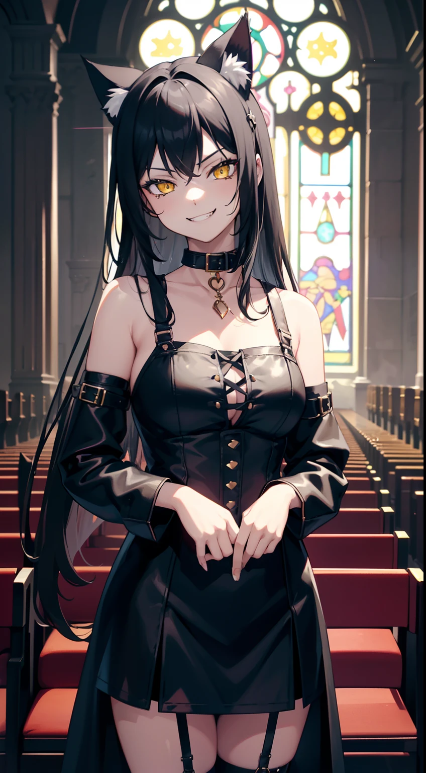 wallpapers, 4K, anime style, masterpiece, (1girl, cat ears, long black hair, yellow eyes, catgirl a little immature, evil smile, smirk, looking at viewer, turned to viewer), (collar, black leather clothe, church clothes, straps), satanic church, dark gothic church interior behind,  hell ambience