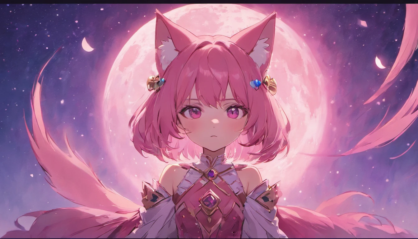 Pink fox anthropomorphic,night sky background,Bright moon,Gorgeous costumes,Pupillary details,Symmetrical pupils,Pupil highlight