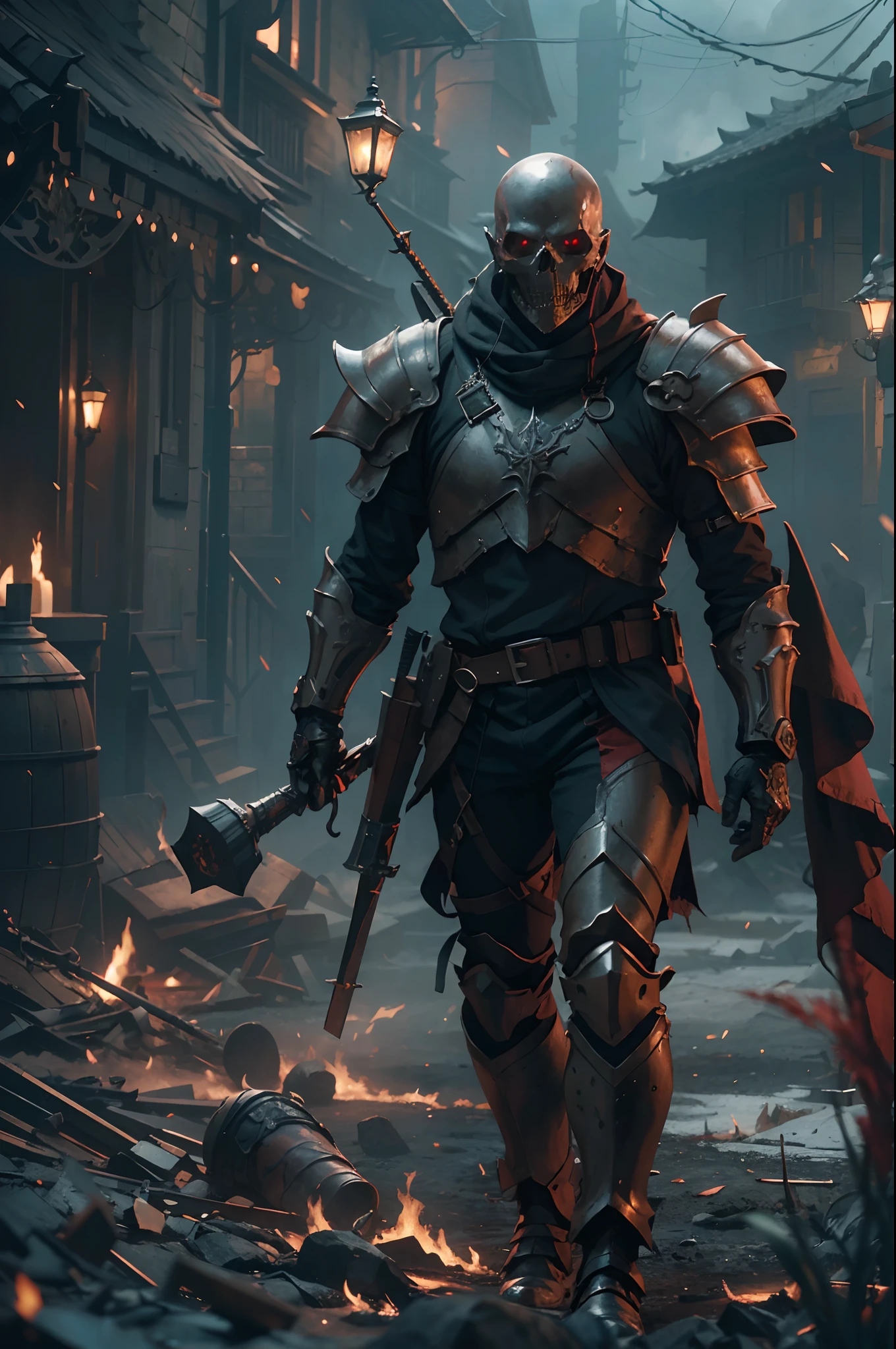 (ultra-detailed CG unity 8k wallpaper, masterpiece, best quality, depth of field, HDR, intricate), tall soldier dark modern war soldier  metal  skeleton face with bright red eyes of dark and light armor  walking in a burning village, (intricate: 1.4) (masterpiece: 1.4) (illustration: 1.4), red studio lighting, post-processing, 8k resolution, dark background, imposing, meticulously composed photos, impressive, dark fantasy (by Greg Rutkowski: 1.2), (by daarken: 1.5)