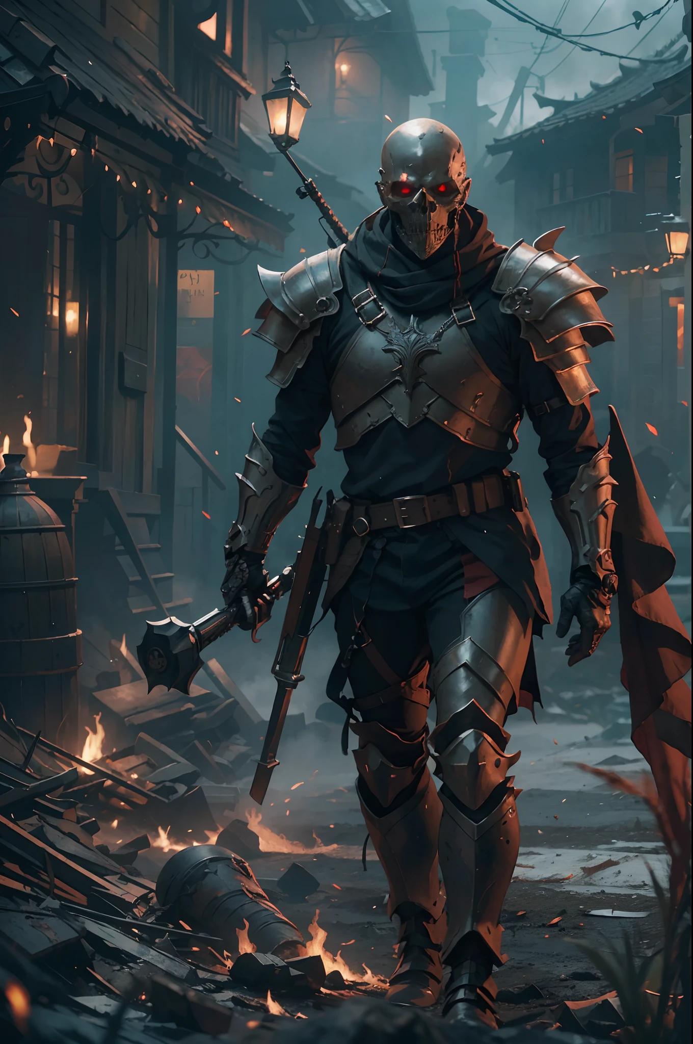 (ultra-detailed CG unity 8k wallpaper, masterpiece, best quality, depth of field, HDR, intricate), tall soldier dark modern war soldier metal skeleton face with bright red eyes of dark and light armor walking in a burning village, (intricate: 1.4) (masterpiece: 1.4) (illustration: 1.4), red studio lighting, post-processing, 8k resolution, dark background, imposing, meticulously composed photos, impressive, dark fantasy (by Greg Rutkowski: 1.2), (by daarken: 1.5)
