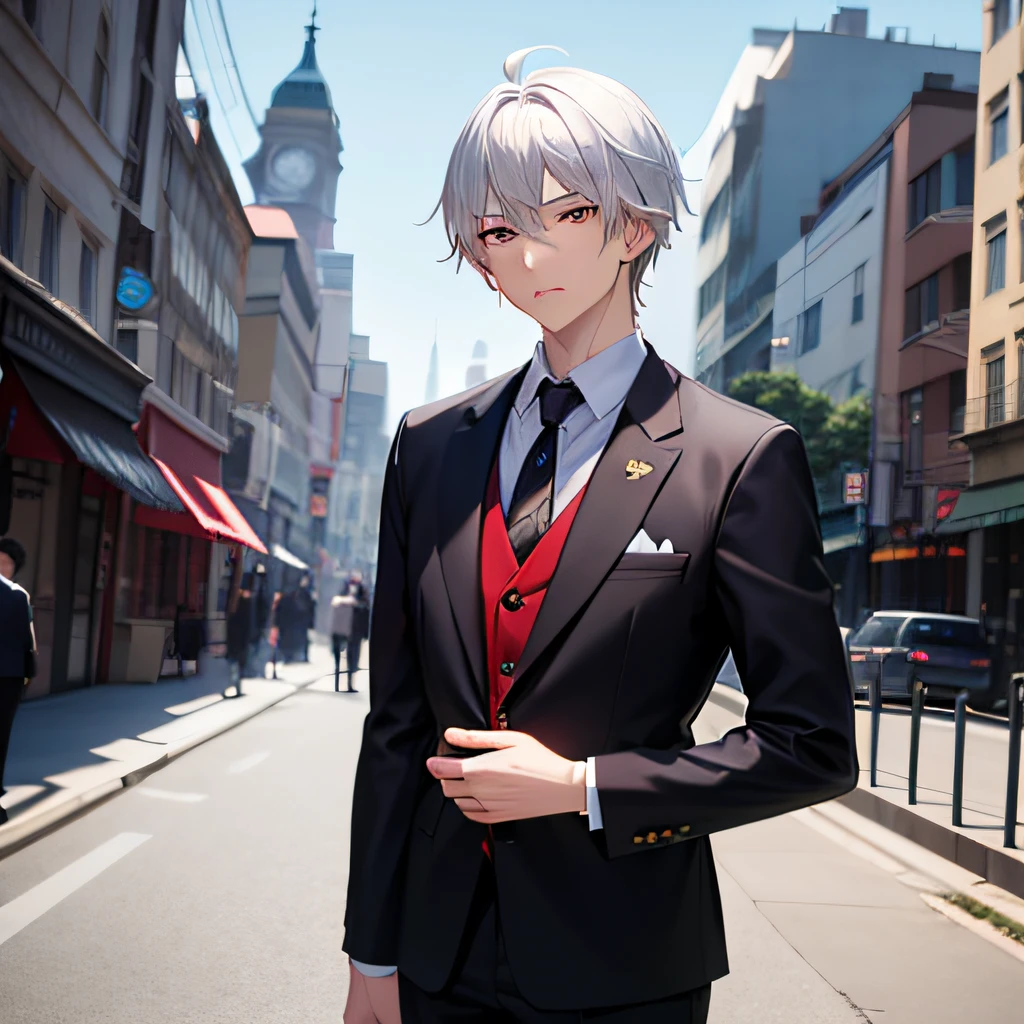 anime guy in a suit and tie standing in a city, white-haired, white haired, handsome anime pose, dapper dream demon, young anime man, anime handsome man, white fox anime, male anime character, a silver haired mad, male anime style, silver haired, Red eyes, crimson eyes.