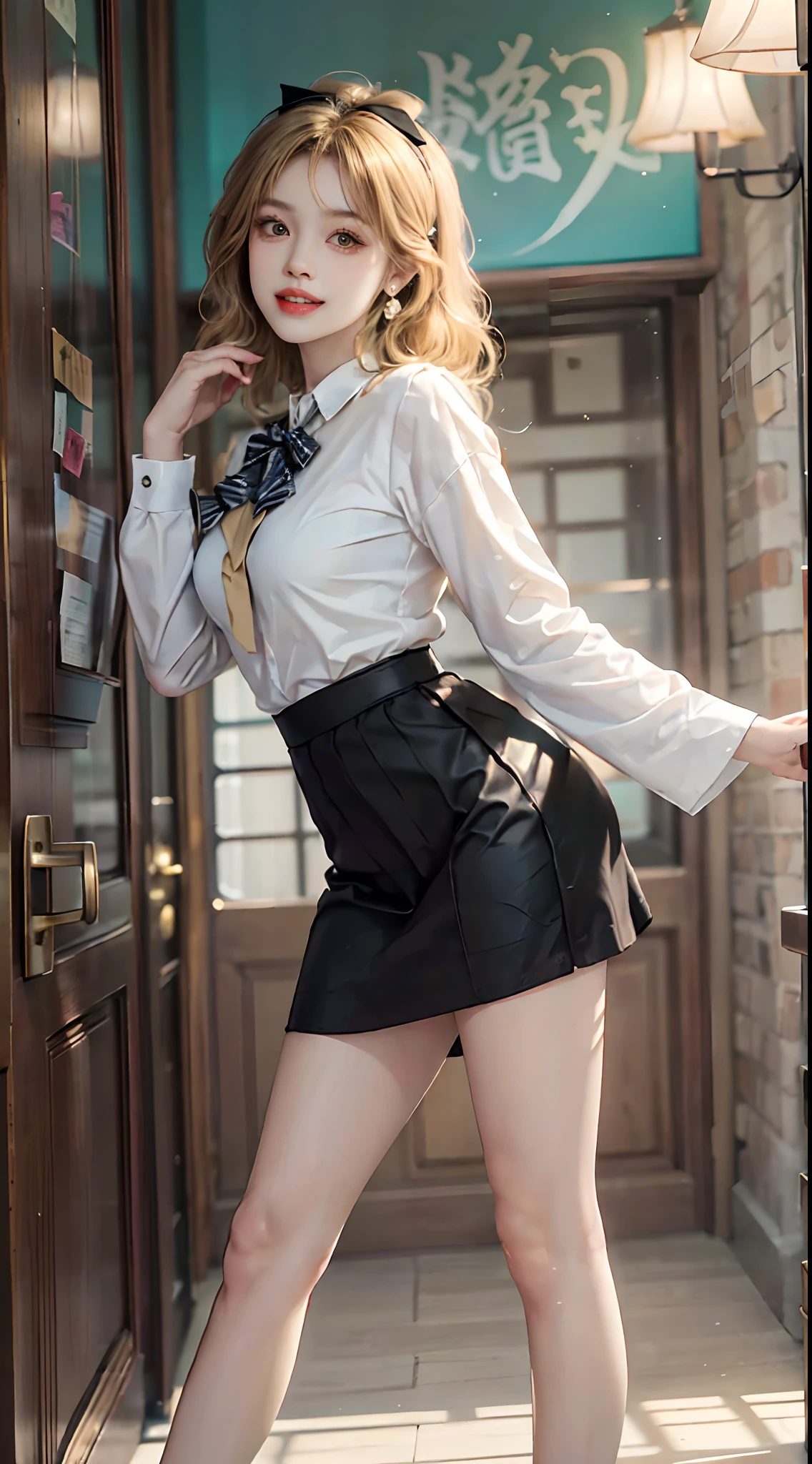 ((full body)), ((from side)), ((realistic)), 1girll, inside in room, Stand up, standing on your feet, Leaning against the wall, Straight legs, slender leg, pretty legs, looking at viewert, Detailed scenes, curlies, Air bangs, Beautiful hair accessories, Brownish-yellow hair, ((White color blouse, Short black tight skirt, neck bowtie, high-heels)), (Campus style), warm lights, a warm color palette, Detailed details, ultra-detailliert, (tmasterpiece, best qualtiy), (An extremely delicate and beautiful work), Delicate earrings, Delicate necklace, Simple blurred background, Extreme detail description, Ultra-fine painting, Delicate face, slim toned body, (ssmile, Baring teeth), (anatomy correct)