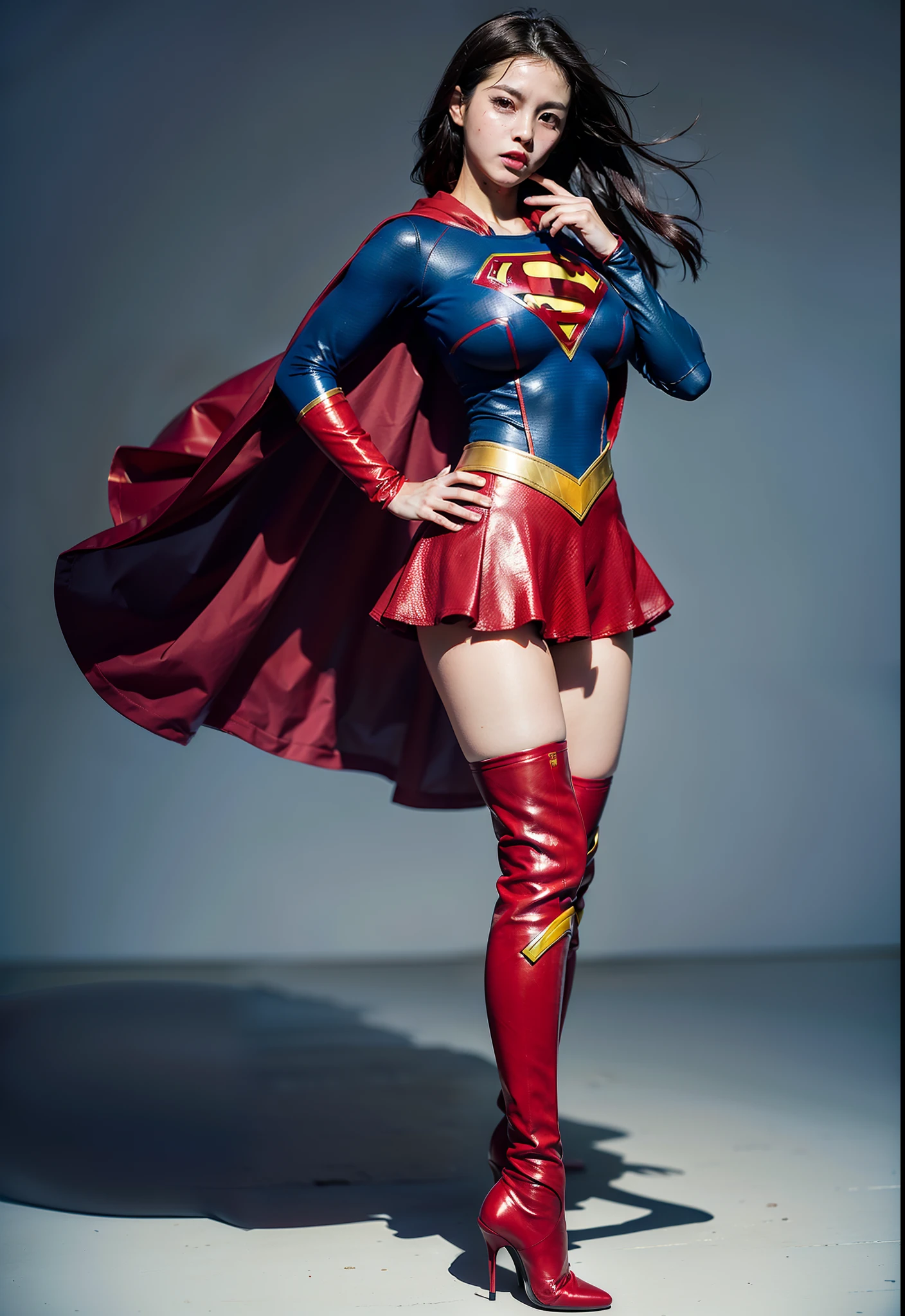 (((Make the most of the original image)))、(((Supergirl Costume)))、(((lustrous dark hair)))、(((Suffering)))、(((Feet must necessarily be worn with black tights)))、(((You need to wear red boots)))、((Top image quality、8K))、((top-quality、8K、masterpiece:1.3))、Crisp focus:1.2、Beautiful woman with perfect body shape:1.4、Slender Abs:1.2、((layers-Cut、large boob:1.2))、a wet body:1.5、Highly detailed facial and skin texture、