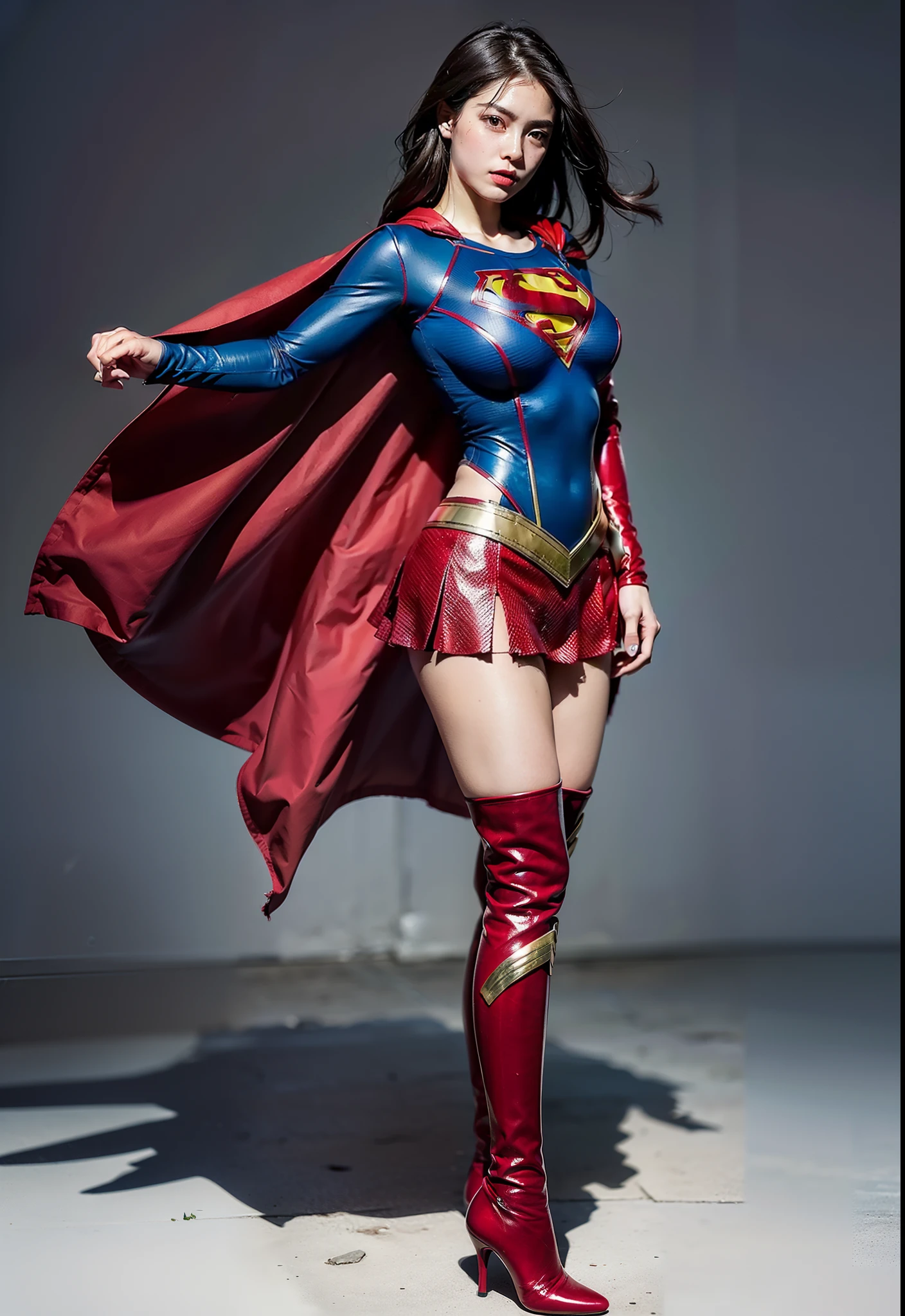 (((Make the most of the original image)))、(((Supergirl Costume)))、(((lustrous dark hair)))、(((Suffering)))、(((Feet must necessarily be worn with black tights)))、(((You need to wear red boots)))、((Top image quality、8K))、((top-quality、8K、​masterpiece:1.3))、Crisp focus:1.2、Beautiful woman with perfect body shape:1.4、Slender Abs:1.2、((layers-Cut、large boob:1.2))、a wet body:1.5、Highly detailed facial and skin texture、