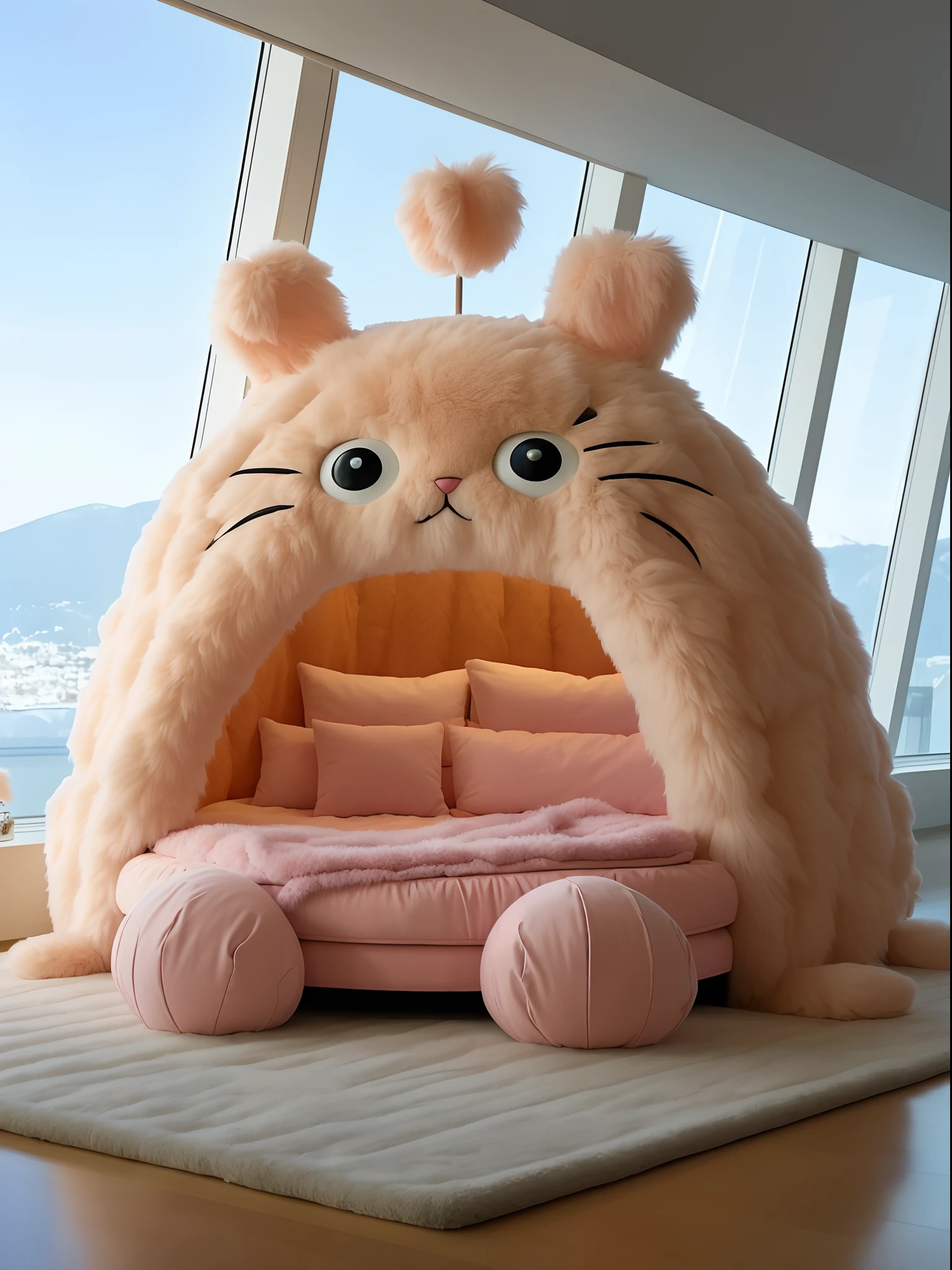 Aravi cat bed,Pink bed and pillows on carpet, luxurious furniture, designed for cozy aesthetics!, Kawaii cat, the bunny has pink fur, fluffy'', cat furry, very cute features, in an igloo, Cute features, Furry style, Fluffy, cute design, insanely cute, cute furry needs your help, very very kawaii