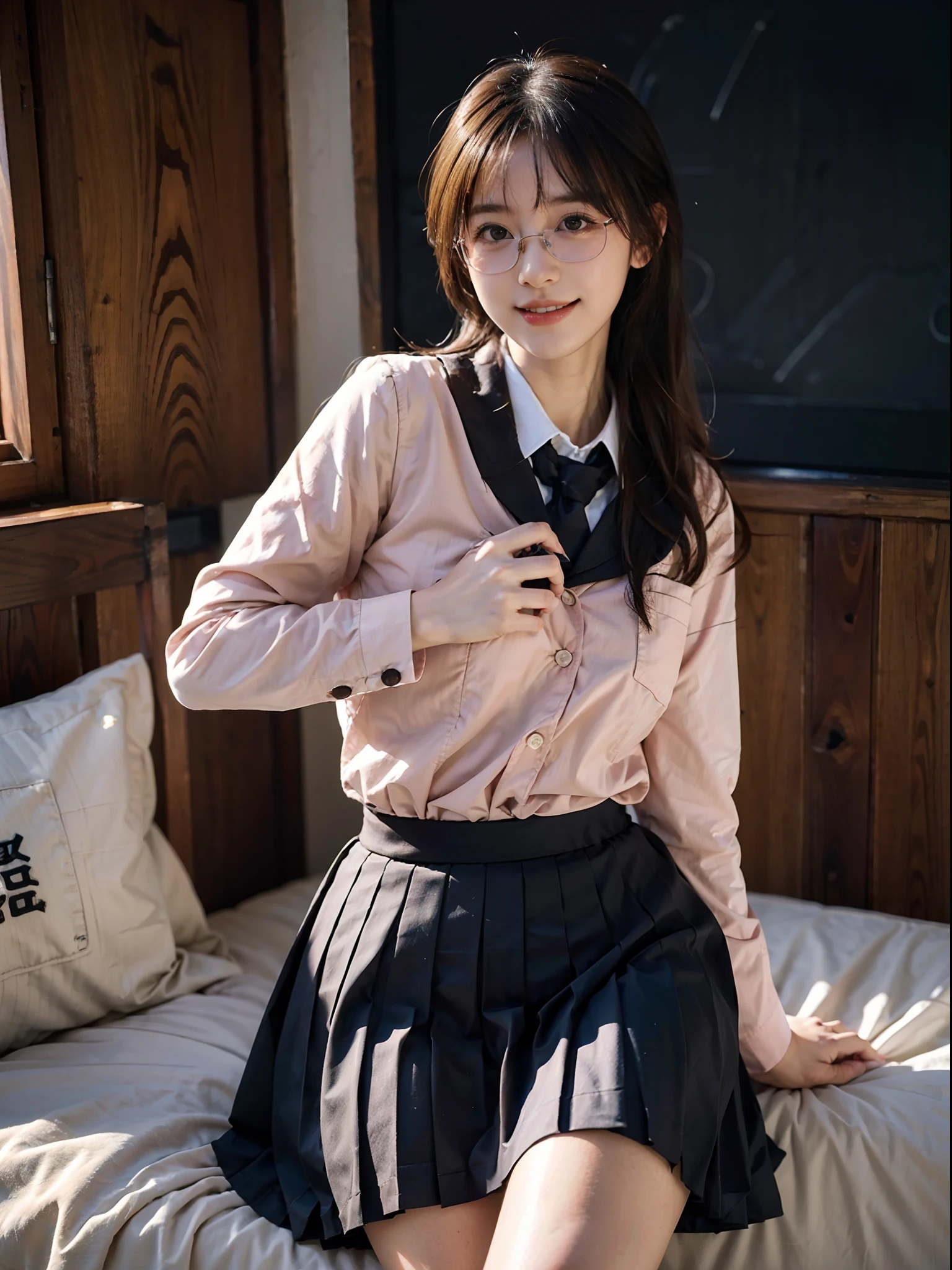 masutepiece, Best quality, japanaese girl, A smile、8K, RAW photo, top notch quality, masutepiece, NFFSW:1.2, Particularly detailed RAW color photos, Professional-grade photos, (Realistic, Photorealistic:1.37), (highly detailedskin:1.2), Ultra-high resolution, (Lenze 50 mm), (masutepiece, top-quality:1.3), (Ultra-detailed 8k CG:1.2), (hyper realisitc:1.35), (Photorealistic:1.45), (Realistic:1.4), Cowboy shot,
（（In a dimly lit room））1 Beautiful Japanese girl, age 22, super model, Japanese idol, __expression__, （Medium-sized round breasts）, (Sit on the sofa or bed1：1), (school uniform:1.4), The girl looks sunny and warm，（Glasses with contours on the face）
Korean Idol、乃木坂アイドル、hposing Gravure Idol、Adults、女優（）