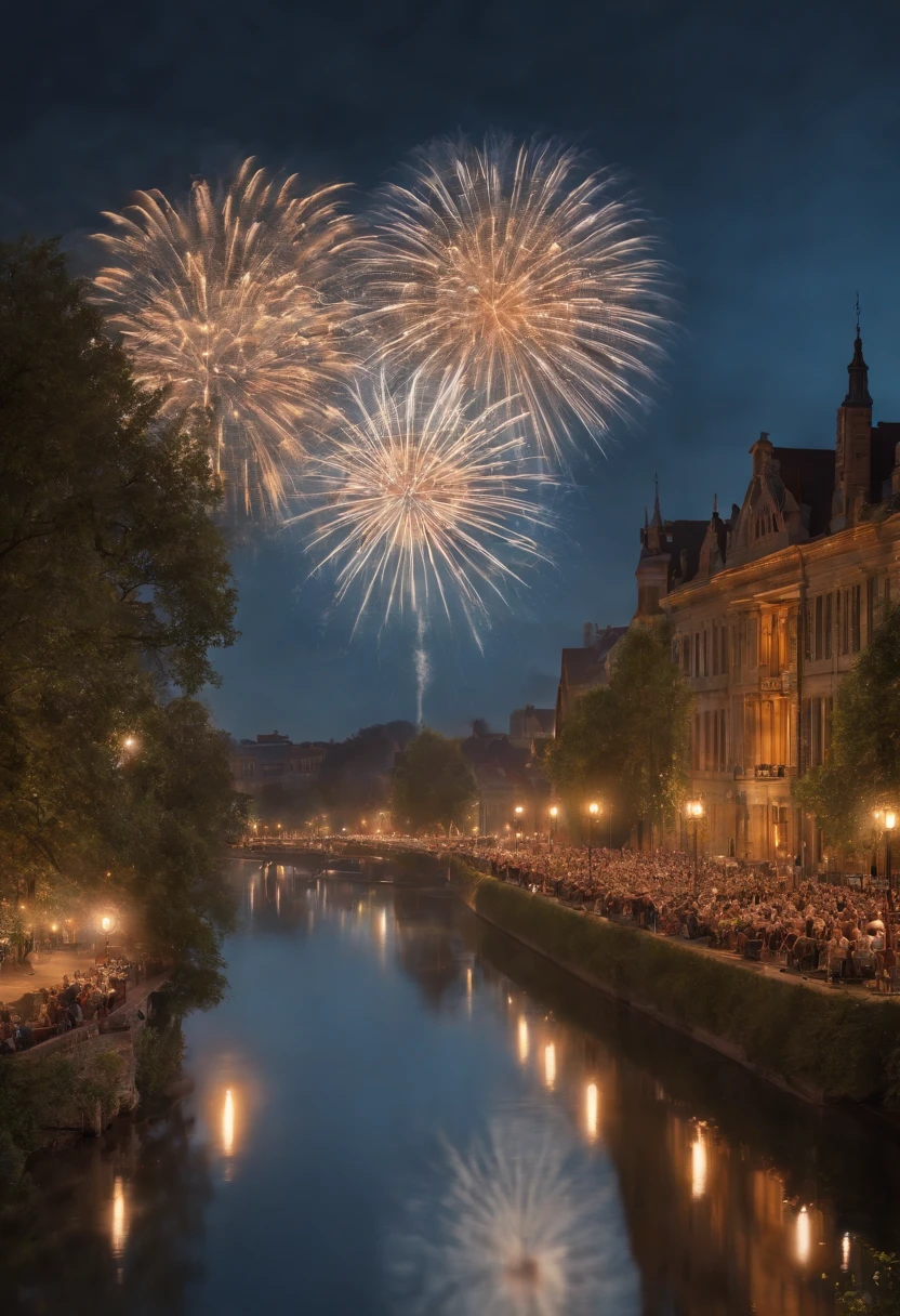 high details, best quality, 16k, absurdres [ultra detailed], masterpiece, best quality, (extremely detailed), dynamic angle, ultra wide shot, photorealistic,  picture of a fireworks show over a city at night, fireworks being reflected in the river, photorealistic display of massive fireworks (best details, Masterpiece, best quality: 1.5), best detailed urban background at night (best details, Masterpiece, best quality: 1.5), entire scene being reflected at river (best details, Masterpiece, best quality: 1.5), ultra best realistic, best details, best quality, 16k, [ultra detailed], masterpiece, best quality, (extremely detailed), ultra wide shot, photorealism, depth of field, hyper realistic picture, 3D rendering