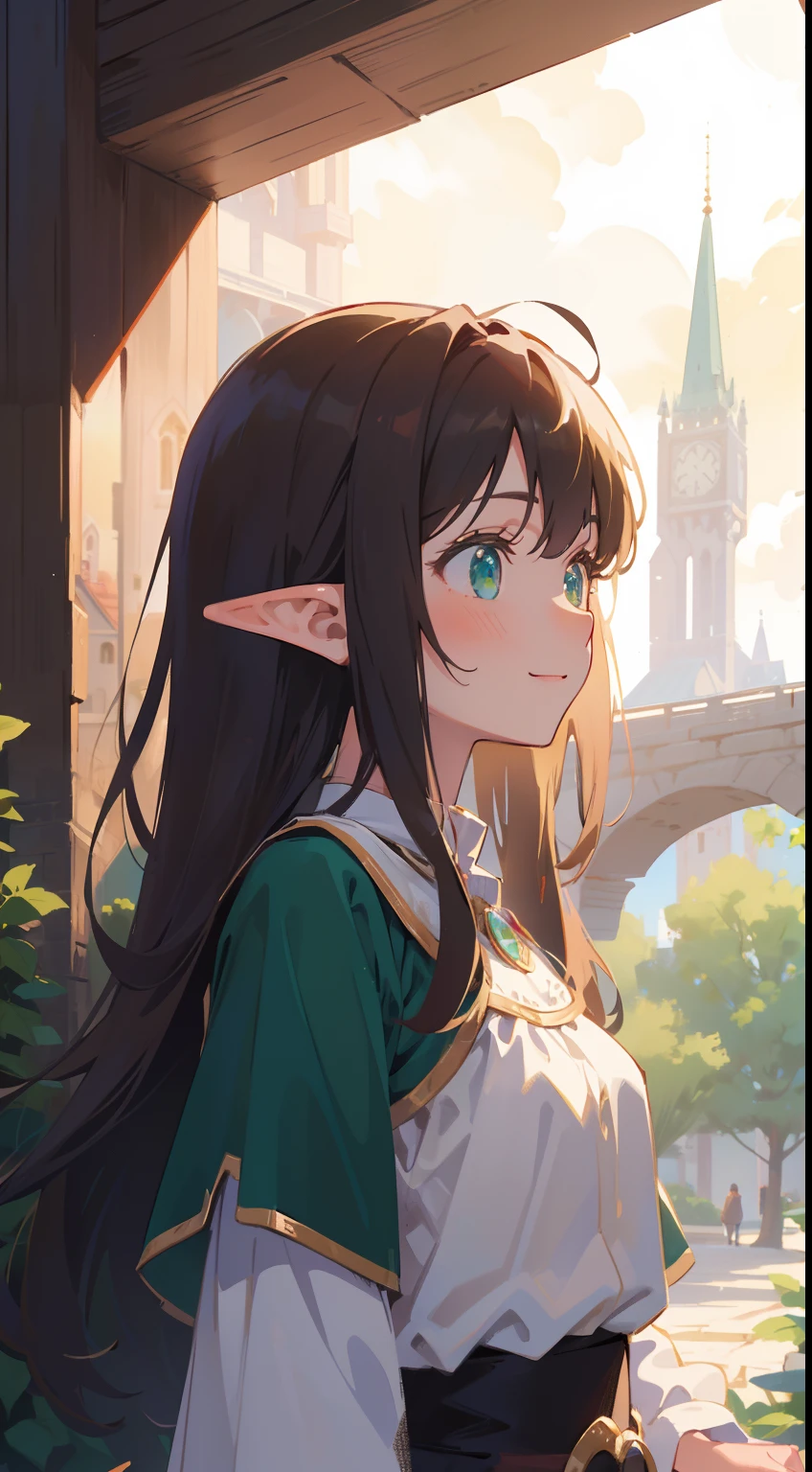 (masterpiece), (best quality), ultra high res, cold pastel tone, upper body, profile shot, (from ground), lens flare, (medieval theme:1.2), ((1 mature woman, solo)), very stunning and gorgeous mature woman, beautiful detailed hair, chestnut brown hair, smooth long hair, beautiful detailed face, perfect beautiful face, wood elf, (elf ears), ((beautiful shape eyes, green eyes)), smiles, comfortable face, standing in the medieval city, $at the evening time:1.2), medieval renaissance dress