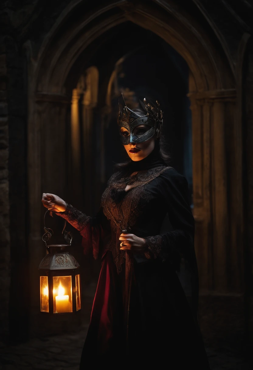 Gothic hunter woman with pitchfork, Venetian mask, Lantern with candle, sinister, Medieval atmosphere