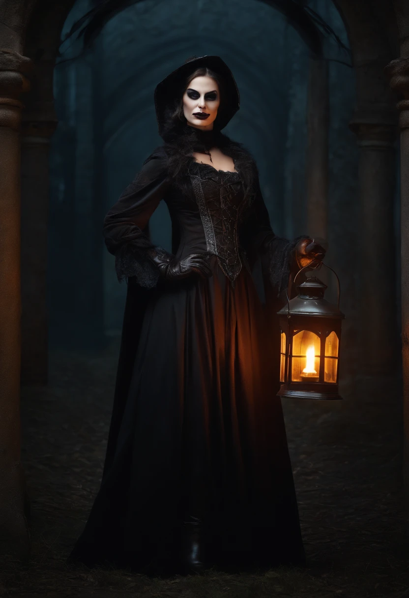 Gothic hunter woman with pitchfork, Venetian mask, Lantern with candle, sinister, Medieval atmosphere