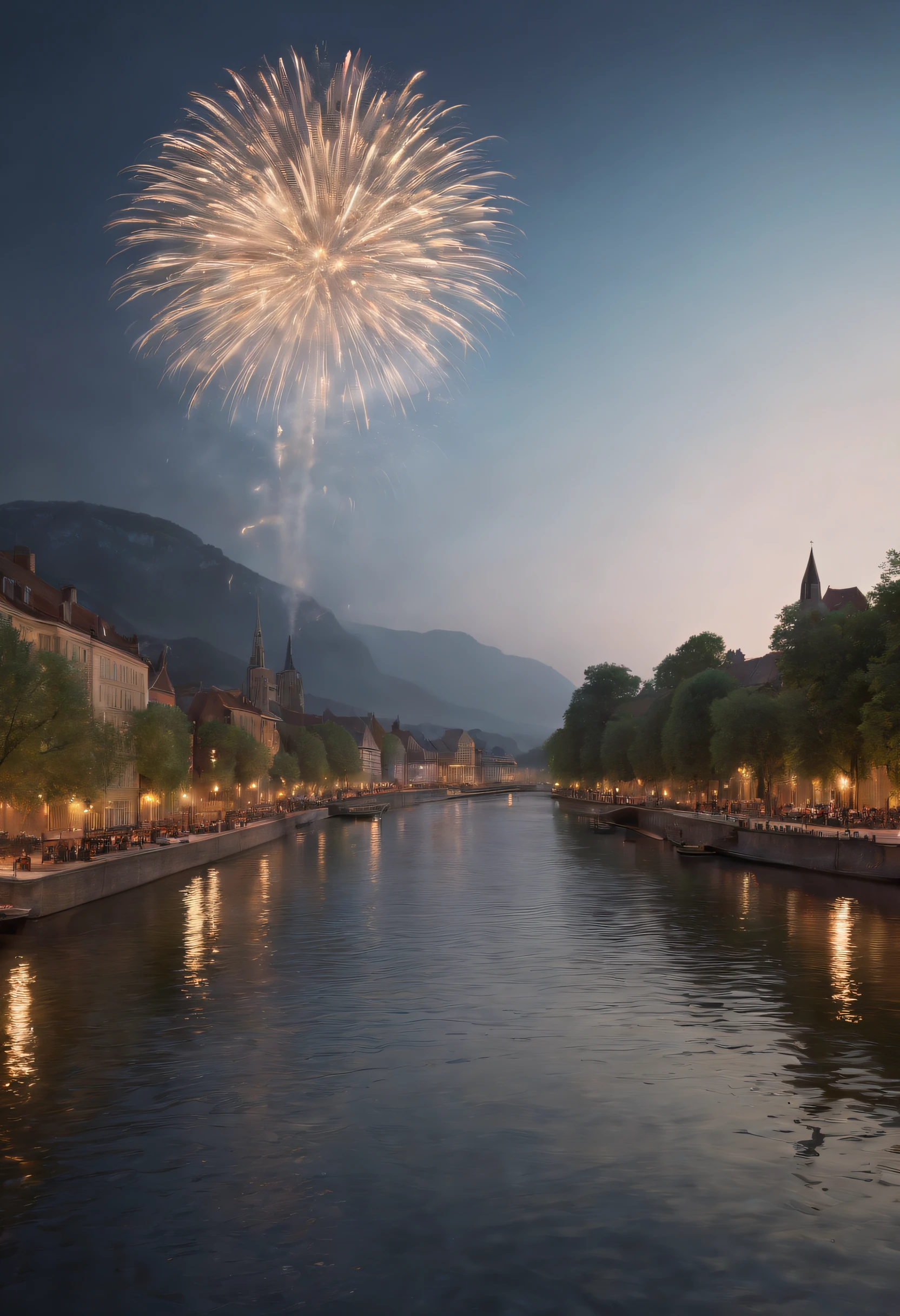 high details, best quality, 16k, absurdres [ultra detailed], masterpiece, best quality, (extremely detailed), dynamic angle, ultra wide shot, photorealistic,  picture of a fireworks show over a city at night, fireworks being reflected in the river, photorealistic display of massive fireworks (best details, Masterpiece, best quality: 1.5), best detailed urban background at night (best details, Masterpiece, best quality: 1.5), entire scene being reflected at river (best details, Masterpiece, best quality: 1.5), ultra best realistic, best details, best quality, 16k, [ultra detailed], masterpiece, best quality, (extremely detailed), ultra wide shot, photorealism, depth of field, hyper realistic picture, 3D rendering