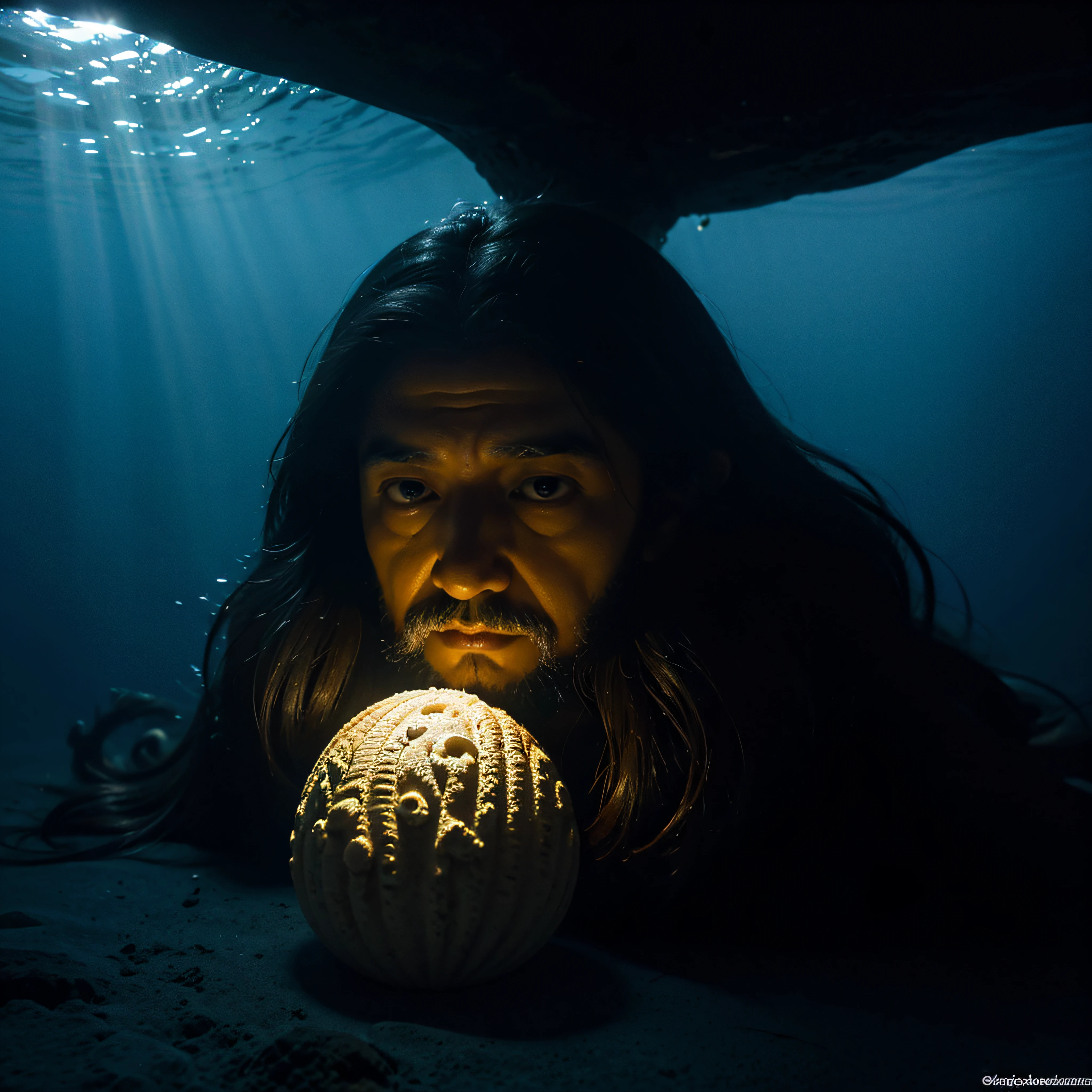 (extremadamente detallado, obra maestra, La mejor calidad, Under the Ocean), Estilo oscuro, volumetric illumination. textura de babosa, piel de caracol. ahogados flotando de fondo. Rococo composition.