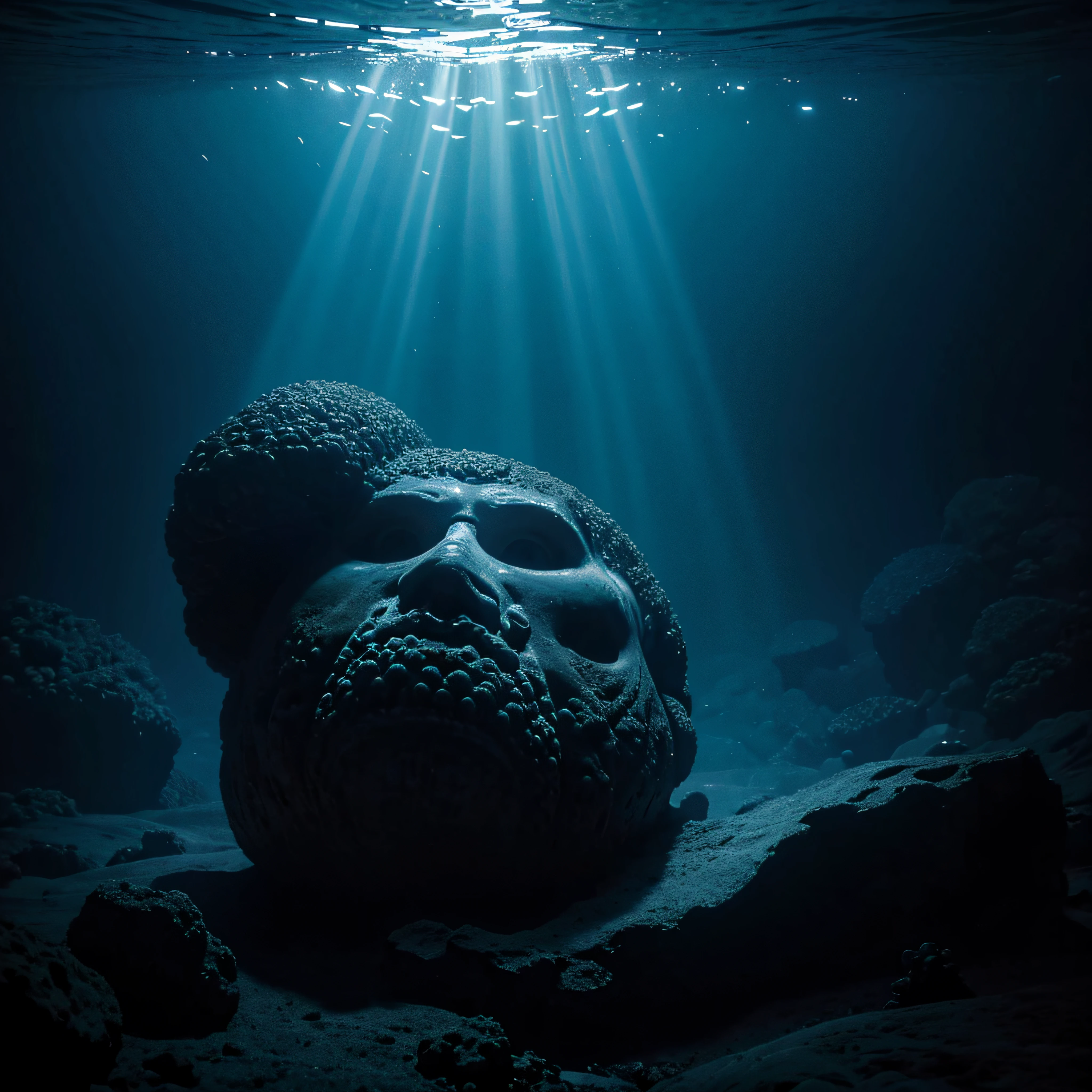 (extremadamente detallado, obra maestra, La mejor calidad, Under the Ocean), Estilo oscuro, volumetric illumination. textura de babosa, piel de caracol. ahogados flotando de fondo. Rococo composition.
