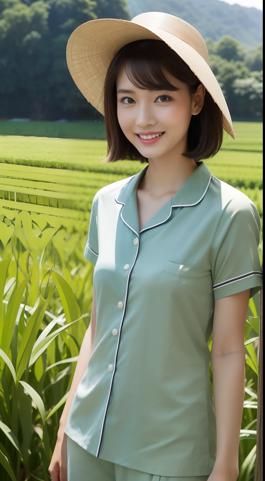 ((Realistic lighting, best quality, 8K, masterpiece: 1.3)), clear focus: 1.2, 1 girl, Perfect physical beauty: 1.4, Slim abs: 1.1, ((Dark brown hair)),wide-form pajamas( pink , Print multiple cartoons on subpages)c, short-sleeved shirt ,with a collar, ankle length pants , light attire, elegant, Head wearing Vietnamese leaf hat, One hand touched the brim of the hat lightly(Vietnam Green Rice Fields , day, Natural light: 1.1), , Ultra-smooth face, beautiful eyes, eyes 2 eyelids,, Dynamic standing posture, smile, Head-to-toe frame, Shirt over pants