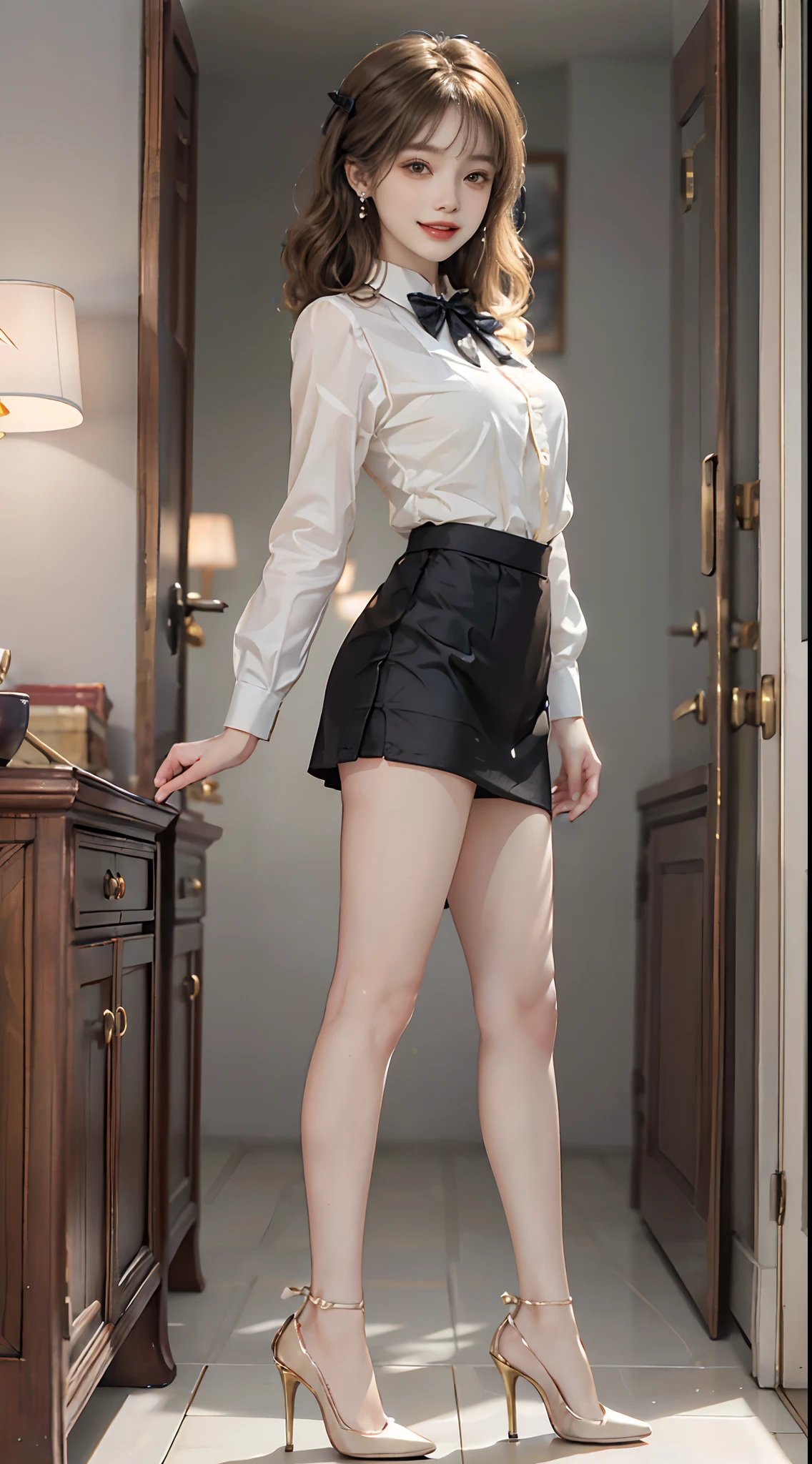 ((full body)), ((from side)), ((realistic)), 1girll, inside in room, Stand up, Cross ed leg, pretty legs, looking at viewert, Detailed scenes, curlies, Air bangs, Beautiful hair accessories, Brownish-yellow hair, ((White color blouse, Short black tight skirt, neck bowtie, high-heels)), (Campus style), warm lights, a warm color palette, Detailed details, ultra-detailliert, (tmasterpiece, best qualtiy), (An extremely delicate and beautiful work), Delicate earrings, Delicate necklace, Simple blurred background, Extreme detail description, Ultra-fine painting, Delicate face, slim toned body, (ssmile, Baring teeth), (anatomy correct)
