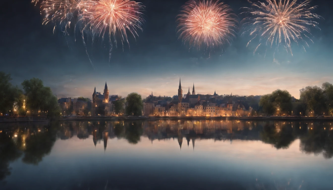 high details, best quality, 16k, absurdres [ultra detailed], masterpiece, best quality, (extremely detailed), dynamic angle, ultra wide shot, photorealistic,  picture of a fireworks show over a city at night, fireworks being reflected in the river, photorealistic display of massive fireworks (best details, Masterpiece, best quality: 1.5), best detailed urban background at night (best details, Masterpiece, best quality: 1.5), entire scene being reflected at river (best details, Masterpiece, best quality: 1.5), ultra best realistic, best details, best quality, 16k, [ultra detailed], masterpiece, best quality, (extremely detailed), ultra wide shot, photorealism, depth of field, hyper realistic picture, 3D rendering