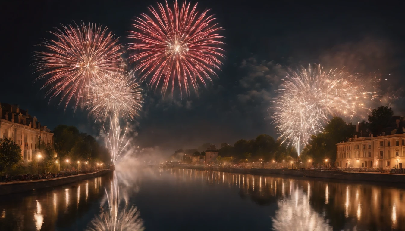 high details, best quality, 16k, absurdres [ultra detailed], masterpiece, best quality, (extremely detailed), dynamic angle, ultra wide shot, photorealistic,  picture of a fireworks show over a city at night, fireworks being reflected in the river, photorealistic display of massive fireworks (best details, Masterpiece, best quality: 1.5), best detailed urban background at night (best details, Masterpiece, best quality: 1.5), entire scene being reflected at river (best details, Masterpiece, best quality: 1.5), ultra best realistic, best details, best quality, 16k, [ultra detailed], masterpiece, best quality, (extremely detailed), ultra wide shot, photorealism, depth of field, hyper realistic picture, 3D rendering