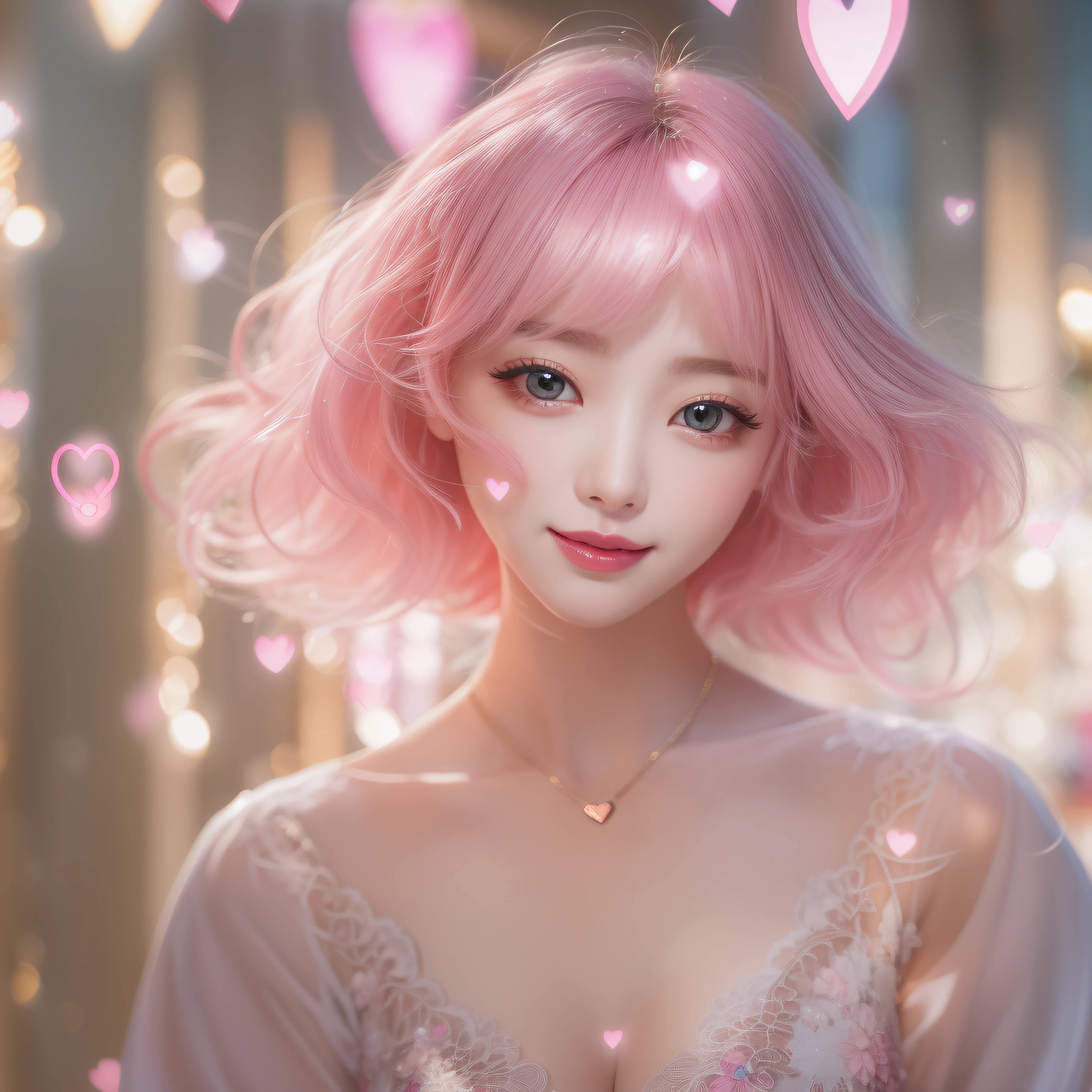close-up of the smile face、close-up of the smile face、Designer,、(realisitic、hight resolution)、(1 girl in)、Do-Up Eye、Korean Girl、(Best Quality), (masutepiece), (1girl in), Solo, a beauty girl, Perfect face, dreamlikeart、Highly detailed airbrush art((Surreal))、Volumetric lighting、(top-quality)、The ultra-detailliert、Highly detailed colorful details、(Bright lighting)、dynamic compositions、Ray traching、The mirror reflects light、Shallow depth of field、ultra-detailliert、mixing  exposure、nffsw、Her eyes are pink and glow heart-shaped、The eyes are pink-heart-shaped。Pink glowing three-dimensional heart on background、Pink glowing three-dimensional heart on background、Pink glowing three-dimensional heart on background、