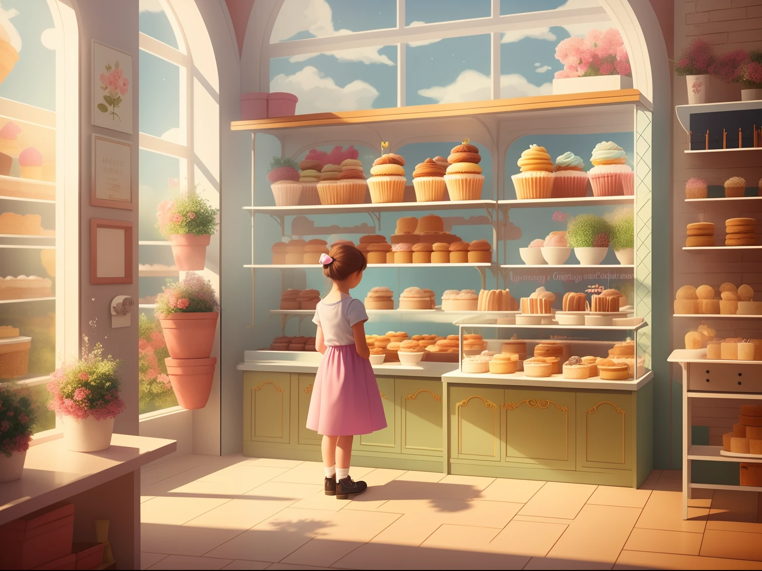 There was a little girl standing in a bakery looking at cupcakes, cute bakery shop, lovely digital painting, Dream bakery interior environment, fantasy bakery, cute 3 d render, childrens art in artstation, 3 d render stylized, stylized 3d render, fantasy matte painting，Cute, baker shop, Inside an old magical dessert shop, Cute detailed digital art, Beautiful digital illustration