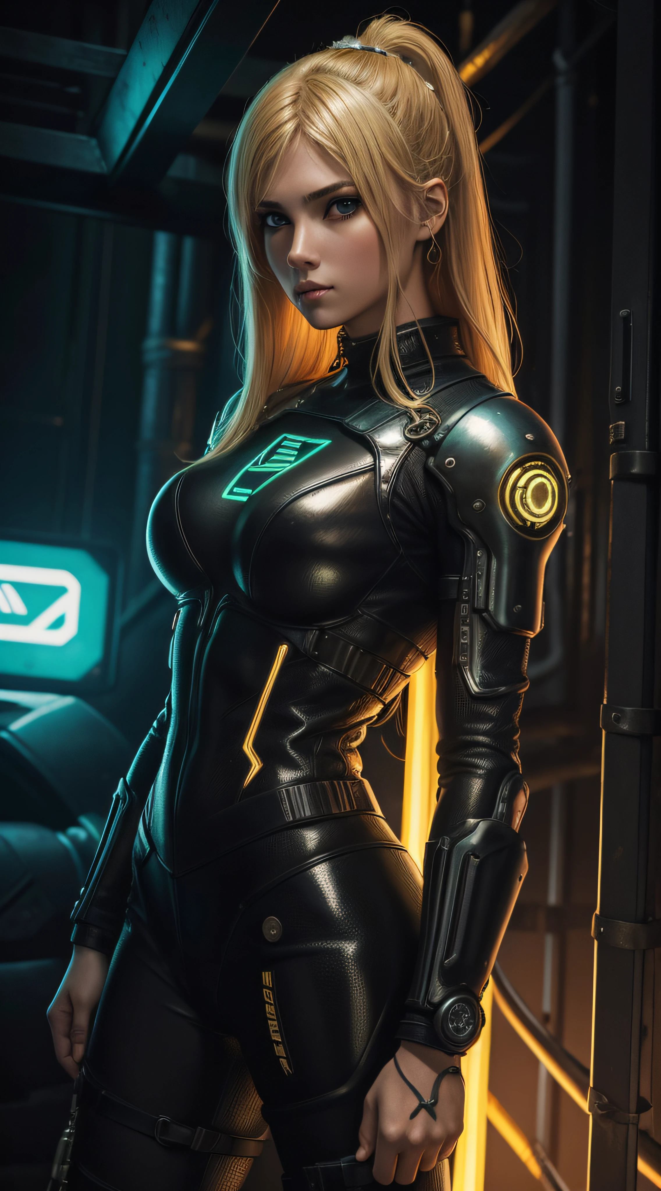 (extremadamente detallado, obra maestra, La mejor calidad), intense illumination, mujer joven rubia dentro de exoesqueleto cyberpunk. luces de neon, cables, entorno industrial. armamento pesado, Giant fists. Luz de caravaggio.