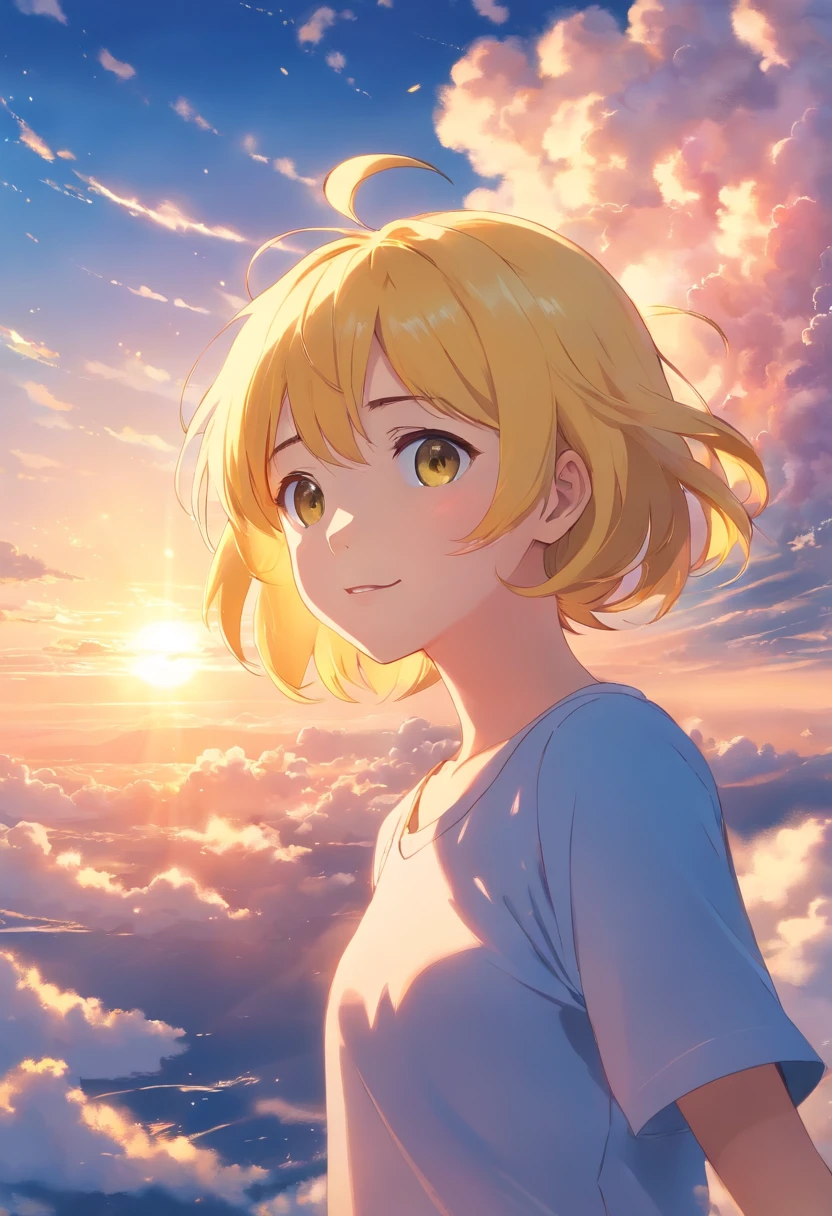 masterpiece, best quality, movie still, girl with yellow hair, cloud girl, floating in the sky, close-up, bright, happy, warm soft lighting, sunset, (sparks:0.7)