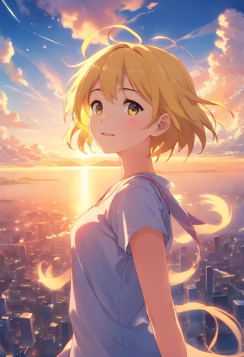 masterpiece, best quality, movie still, girl with yellow hair, cloud girl, floating in the sky, close-up, bright, happy, warm soft lighting, sunset, (sparks:0.7)