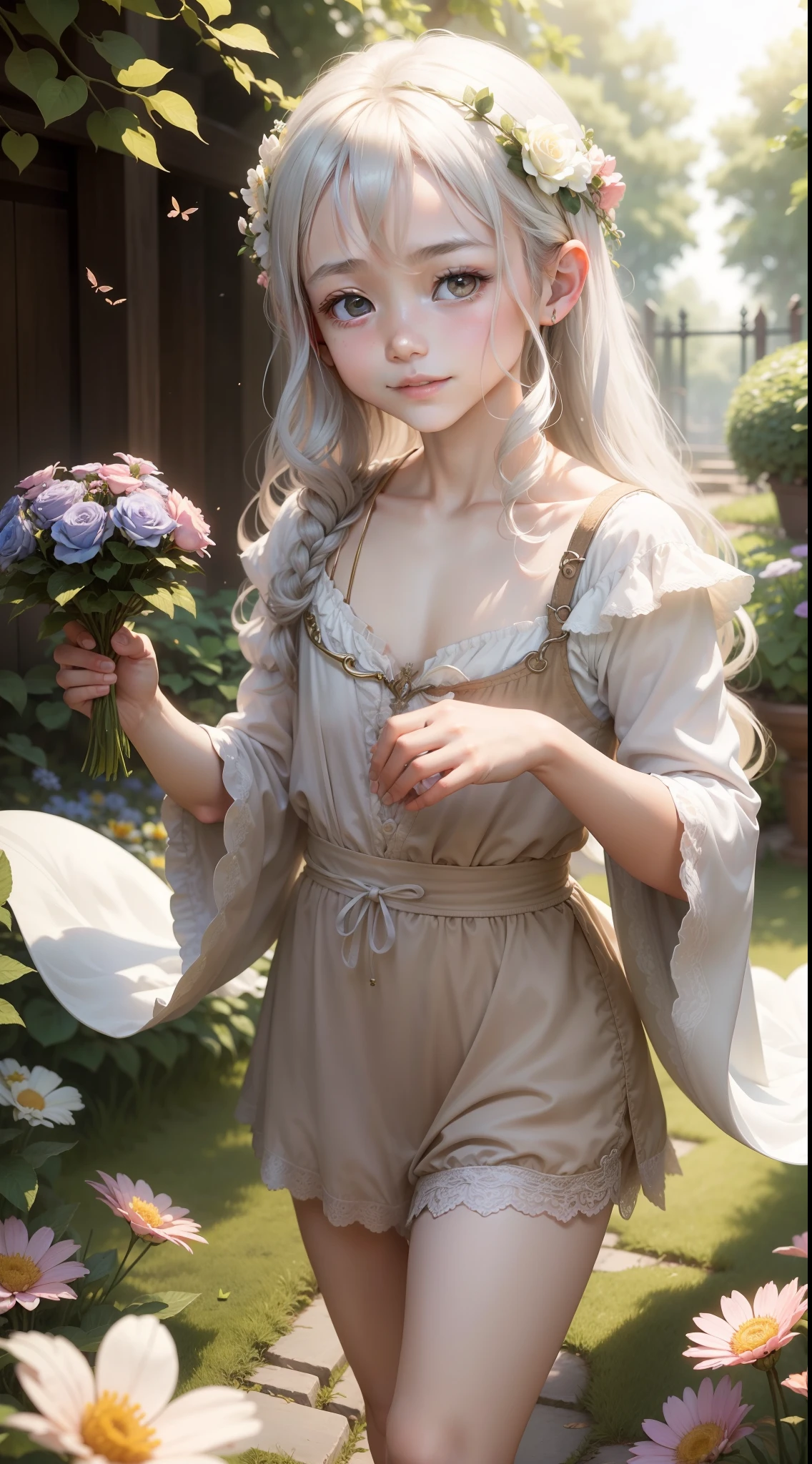 attractive cleavage(younge boy)Show on the({Gorgeous}){summer day}Walk in the garden。his(The eye)Flickering({wisdom}),(ssmile)Overflowing({naïve})of charm。her({long whitr hair})wie z({Flowers})It's as ethereal as it gets,As if it was({faeries})Come to earth。This one(younge boy)Full({ellegance})with the({youthfulness})of vitality,He was an impressive young ager