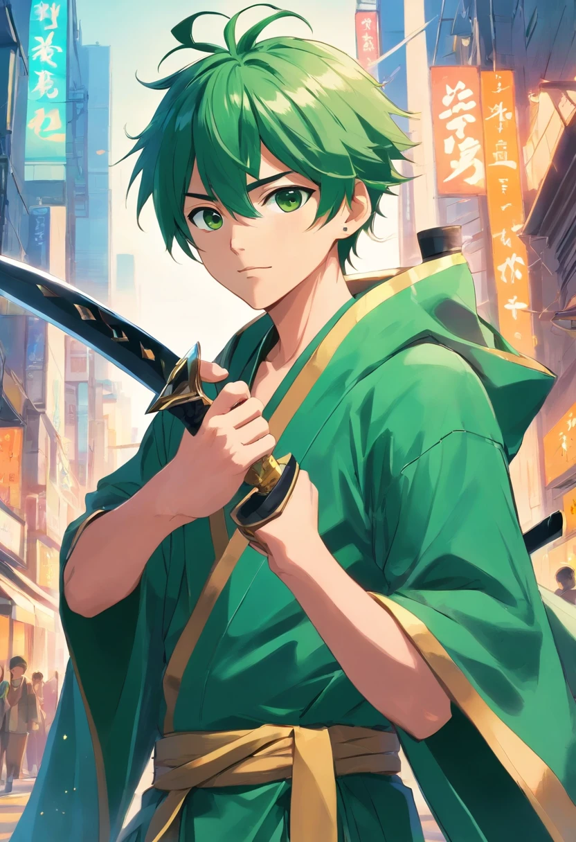 Green hair，brush cut，Male swordsman，wearing a green robe，With three knives，With gold stud earrings on his ears