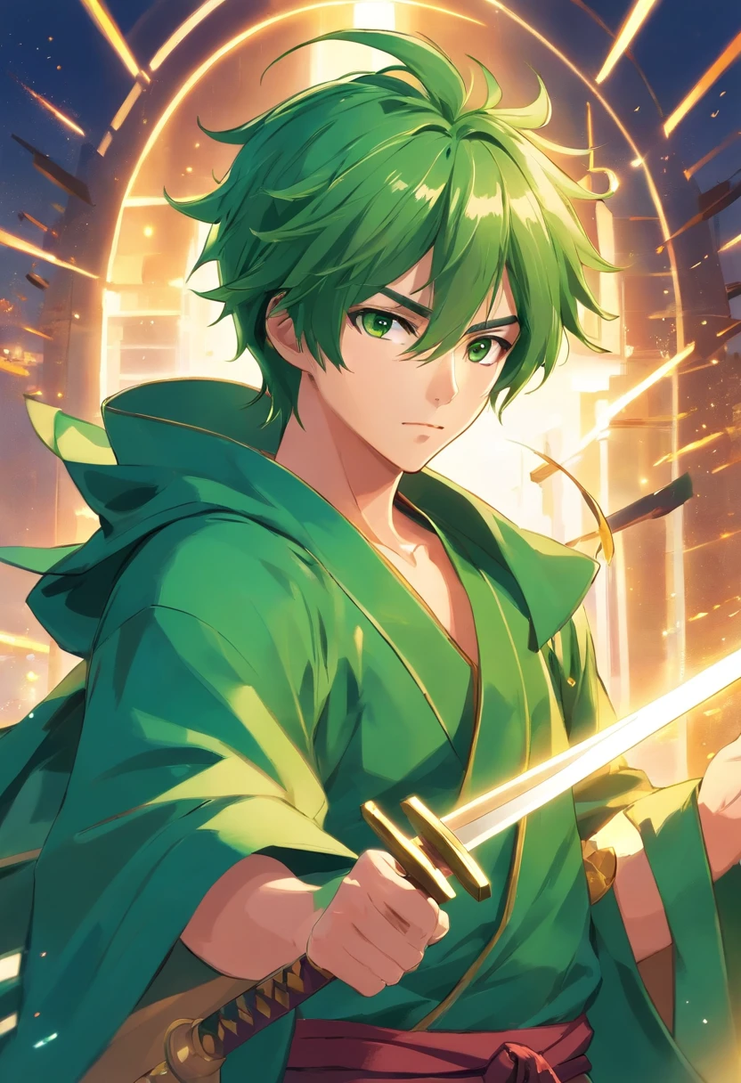 Green hair,brush cut,Male swordsman,wearing a green robe,With three knives,With gold stud earrings on his ears
