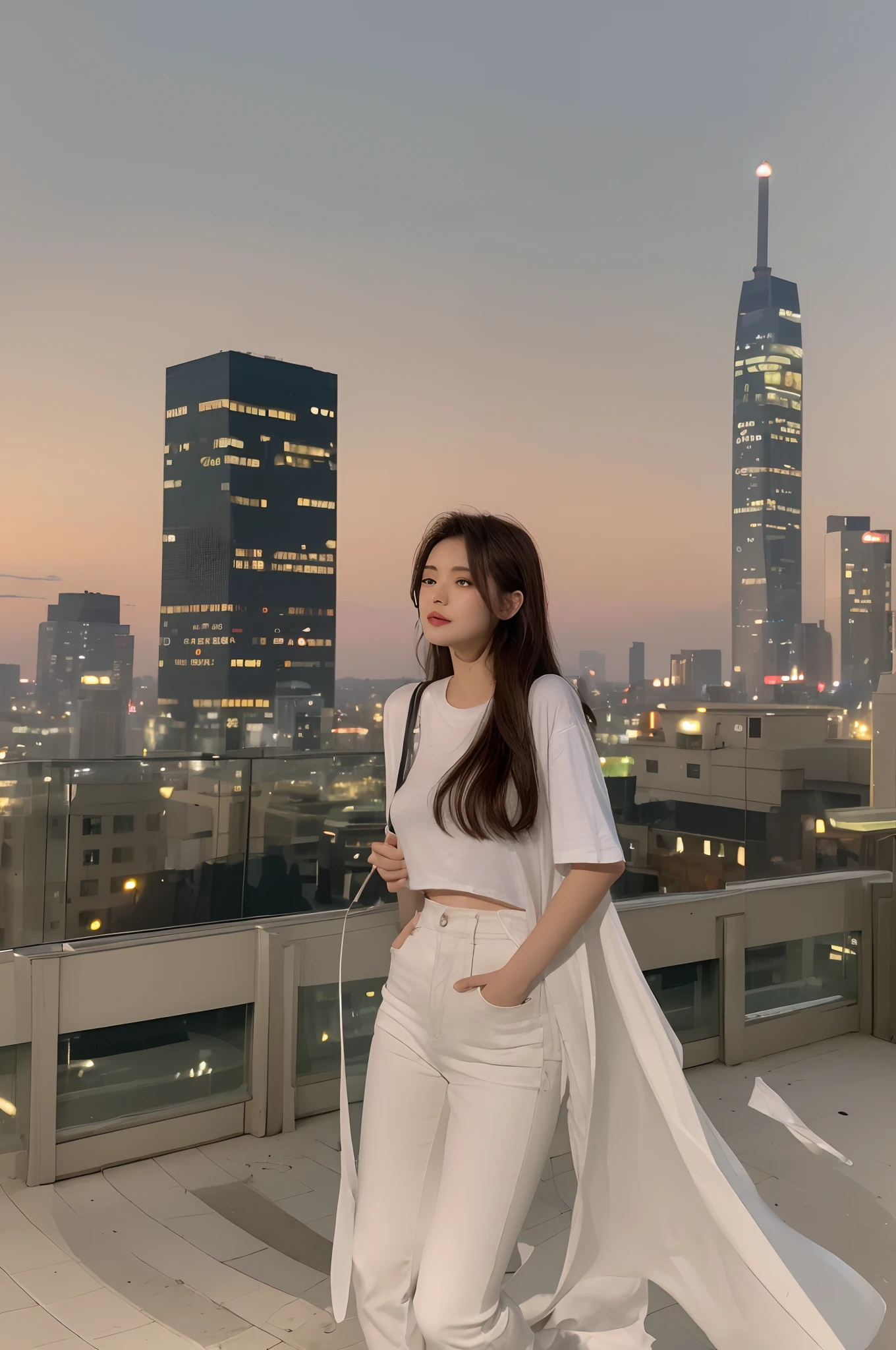 ((Midnight, Best quality, 8k, Masterpiece :1.3)), Whole body, Long legs, Sharp focus :1.2, A pretty woman with perfect figure :1.4, Slender abs :1.1, ((Dark brown hair, Big breasts :1.2)), (White tight tshirt, Jean bib, Standing:1.2), ((Night city view, Rooftop:1.3)), Highly detailed face and skin texture, Detailed eyes, Double eyelid