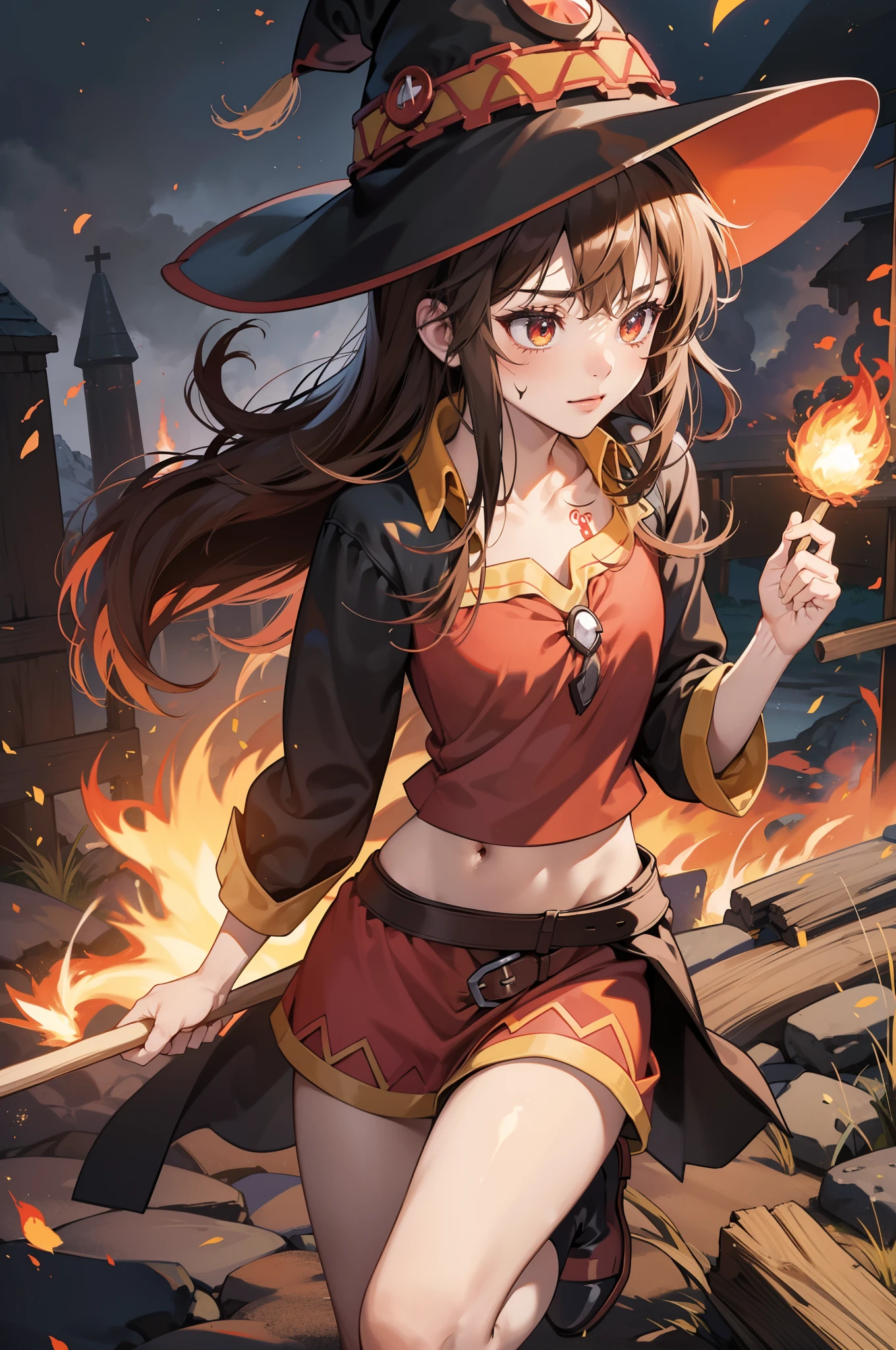 megumin from konosuba, witch hat, fire burst element aura, burning effect, masterpieces, petite, perfect body shape, field background with slime, holding wooden staff with two hand, bandage on chest, 4k wallpaper quality, crotch tattoo, eye mask on left eye, brown color pupil, short brown hair, high resolution