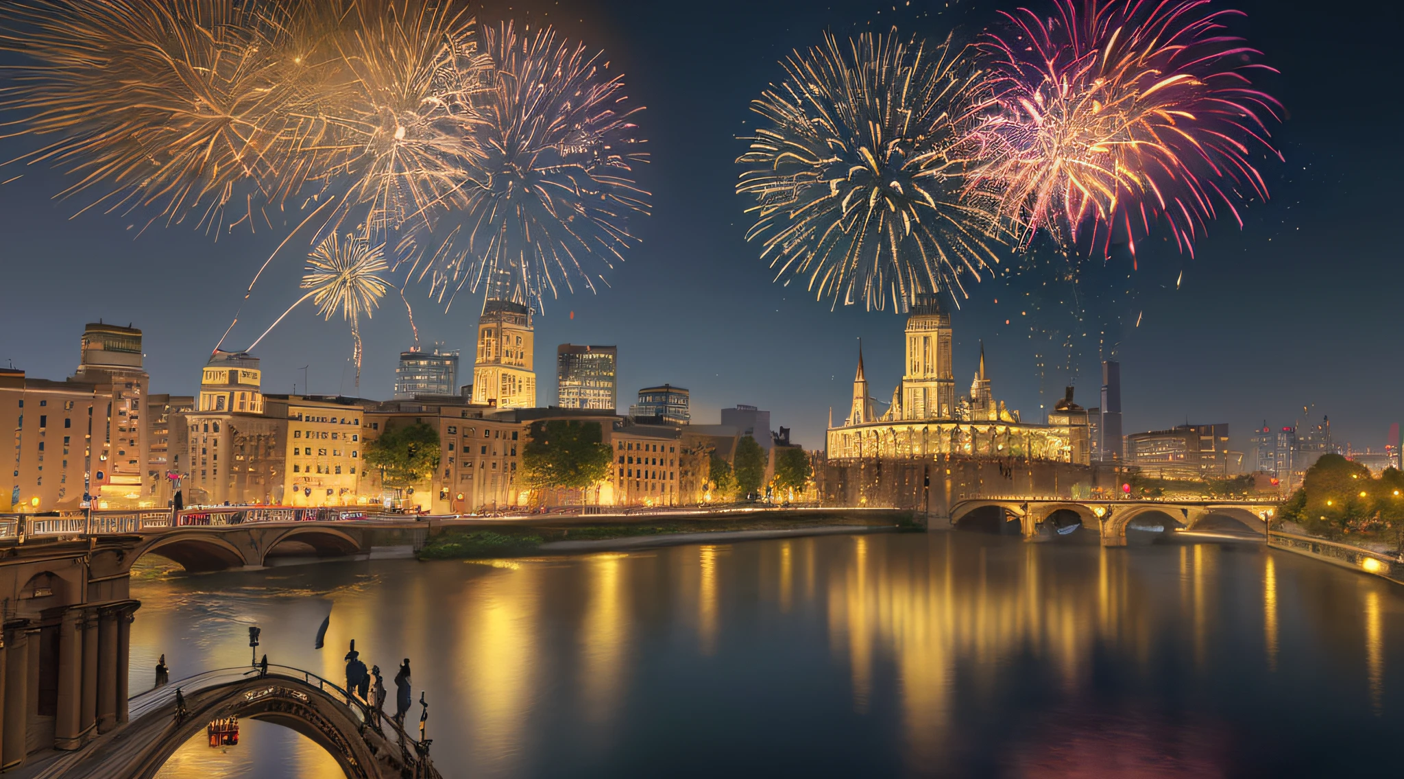high details, best quality, 16k, absurdres [ultra detailed], masterpiece, best quality, (extremely detailed), dynamic angle, ultra wide shot, photorealistic,  picture of a fireworks show over a city at night, fireworks being reflected in the river, photorealistic display of massive fireworks (best details, Masterpiece, best quality: 1.5), best detailed urban background at night (best details, Masterpiece, best quality: 1.5), entire scene being reflected at river (best details, Masterpiece, best quality: 1.5), ultra best realistic, best details, best quality, 16k, [ultra detailed], masterpiece, best quality, (extremely detailed), ultra wide shot, photorealism, depth of field, hyper realistic picture, 3D rendering