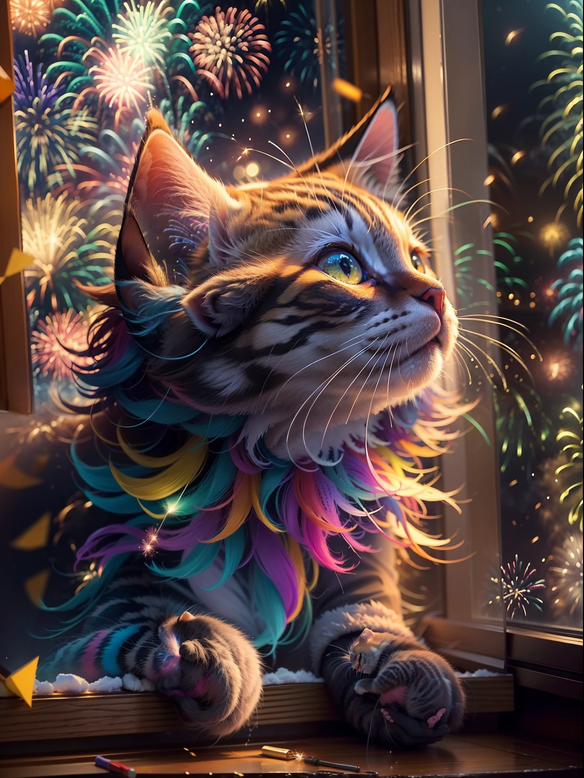 funny picture,at winter season,Kitten side in the window,((Brilliant fireworks outside the window,Huge fireworks,Extremely colorful,Colorful))