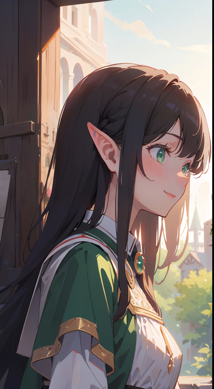 (masterpiece), (best quality), ultra high res, cold pastel tone, upper body, profile shot, (from ground), lens flare, (medieval theme:1.2), ((1 mature woman, solo)), very stunning and gorgeous mature woman, beautiful detailed hair, chestnut brown hair, smooth long hair, beautiful detailed face, perfect beautiful face, wood elf, (elf ears), ((beautiful shape eyes, green eyes)), smiles, comfortable face, standing in the medieval city, $at the evening time:1.2), medieval renaissance dress