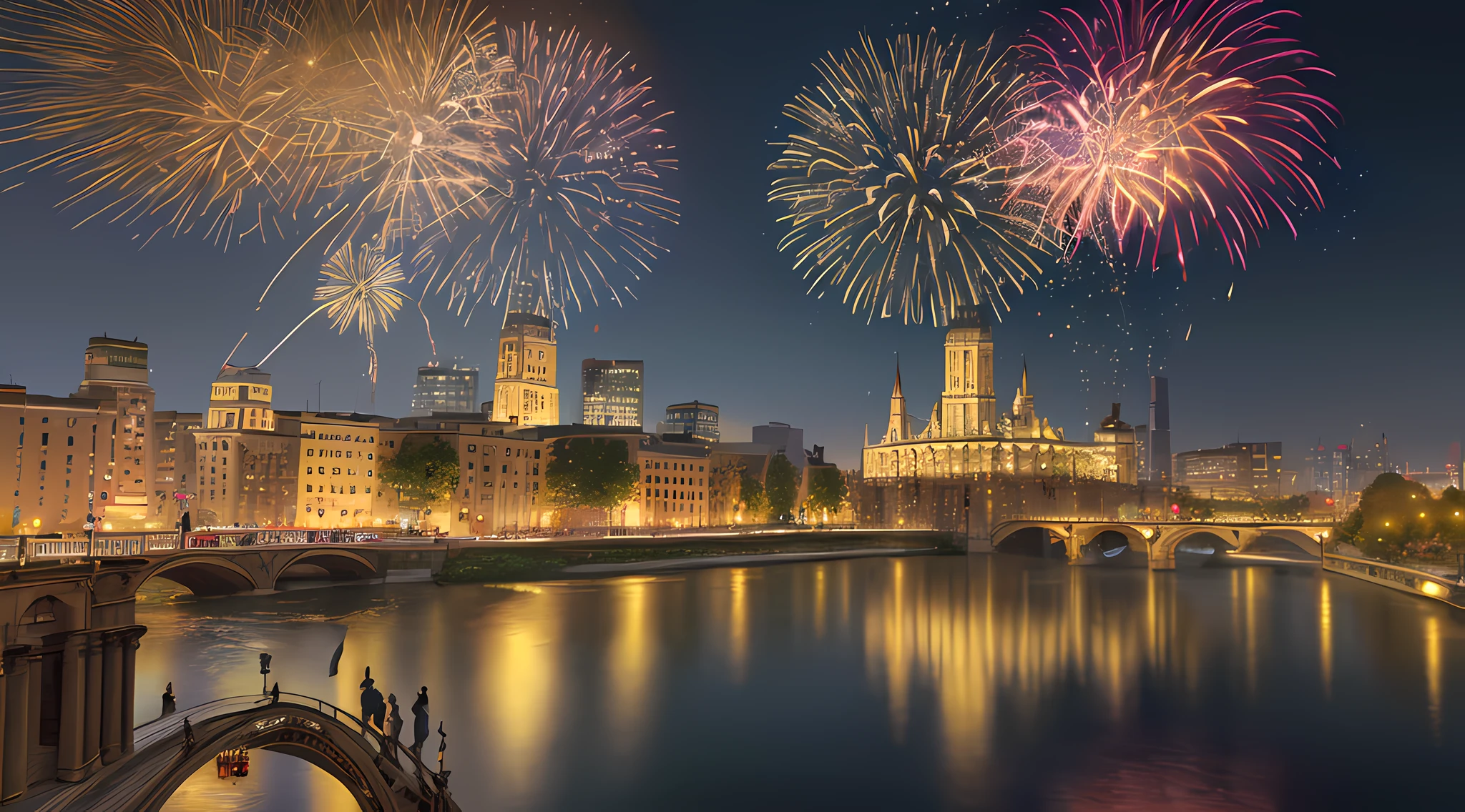 high details, best quality, 16k, absurdres [ultra detailed], masterpiece, best quality, (extremely detailed), dynamic angle, ultra wide shot, photorealistic,  picture of a fireworks show over a city at night, fireworks being reflected in the river, photorealistic display of massive fireworks (best details, Masterpiece, best quality: 1.5), best detailed urban background at night (best details, Masterpiece, best quality: 1.5), entire scene being reflected at river (best details, Masterpiece, best quality: 1.5), ultra best realistic, best details, best quality, 16k, [ultra detailed], masterpiece, best quality, (extremely detailed), ultra wide shot, photorealism, depth of field, hyper realistic picture, 3D rendering
