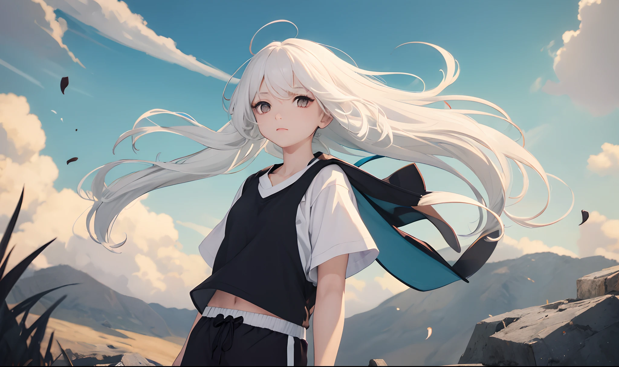 master piece, melhor qualidade, Uma mulher, white hair messed up in the winds, anime, olhos azuis detalhados, camisa branca, black sweatpants, enfase no anime, poderes de raio azuis