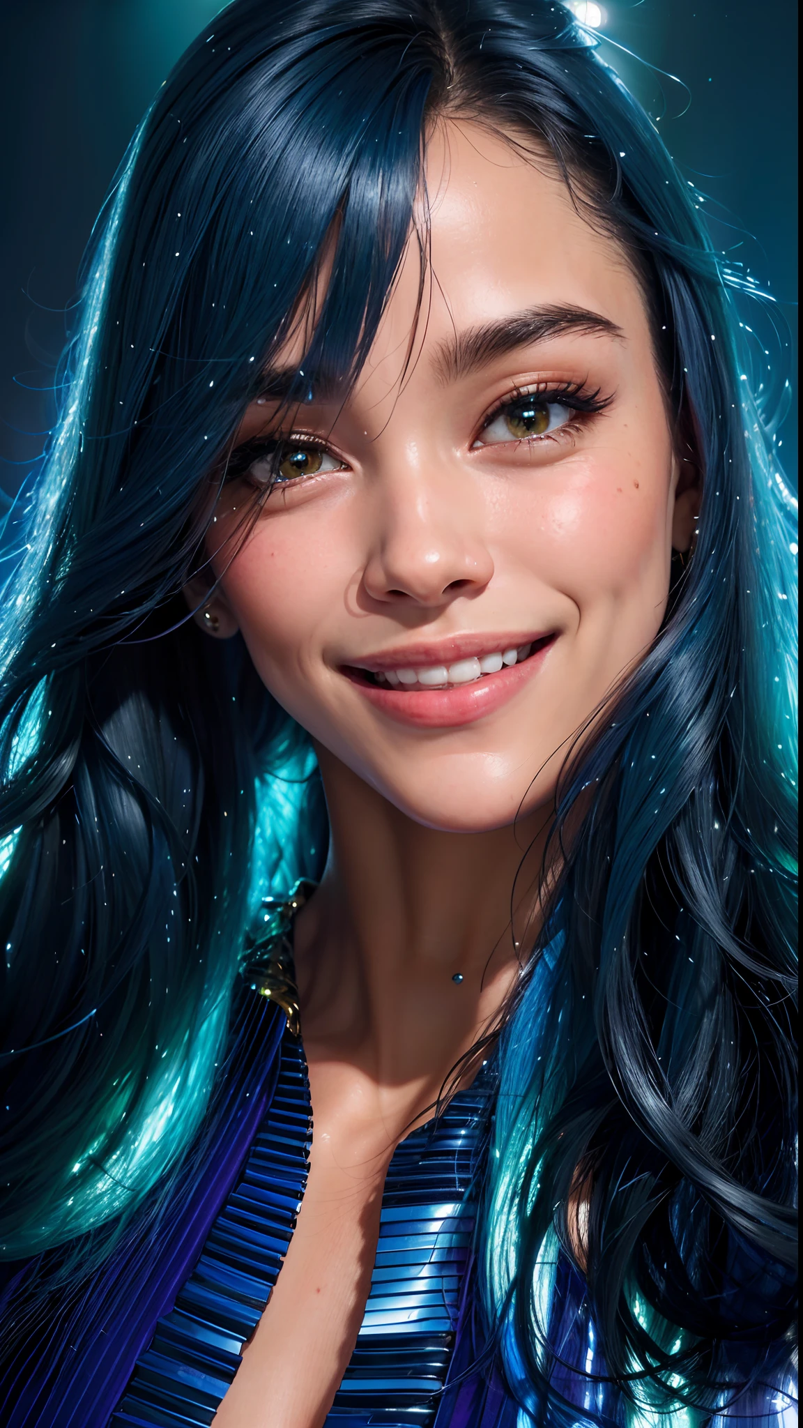 ( qualidade 8k ), ( melhor qualidade ), ( Ultra HD ), ( Anatomia do personagem perfeita ), ( perfect lighting ), ( Foto corpo inteiro 8k ), ( Detalhamentos perfeitos ), ( Detalhes do personagem perfeitos ), ( Details of the perfect setting ), ( obra prima ), ( Simetria do rosto do personagem perfeito ), ( Construction of the body of the delicate female character ), ( textura de pele realista ), There's a woman with long blue hair, sorrindo e vestindo uma camisa rosa, com um lindo sorriso, leve sorriso bonito, lovely smile, sorriso bonito, com rosto preciso, sorriso perfeito, com bonito - fino - rosto, rosto bonito, sorriso bonito, with thin lips, pink lips, sorriso bonito, Sorriso meio unilateral, bonita e sorridente