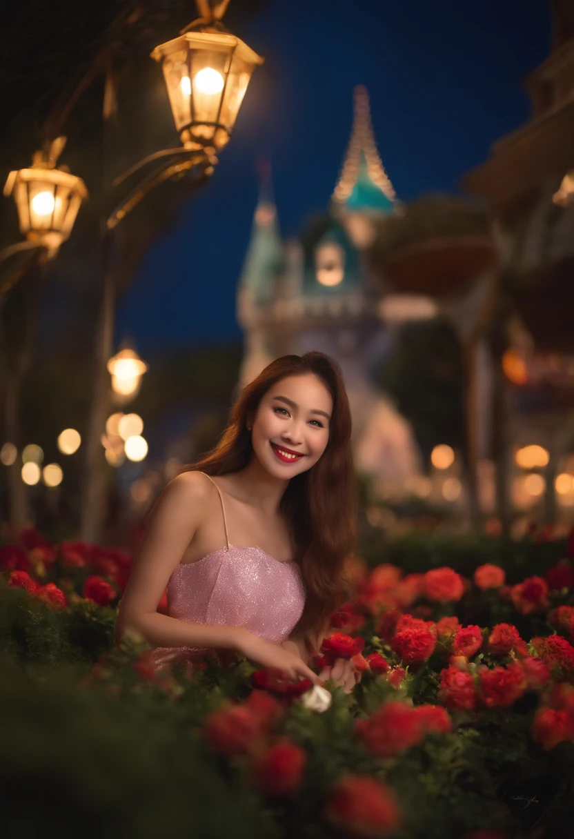 masterpiece、hight resolution、depth of fields、dynamic ungle、校服、Disney Parks、popcorn、The Little Mermaid、Bomao、a smile, night sky, wearing masks,4k